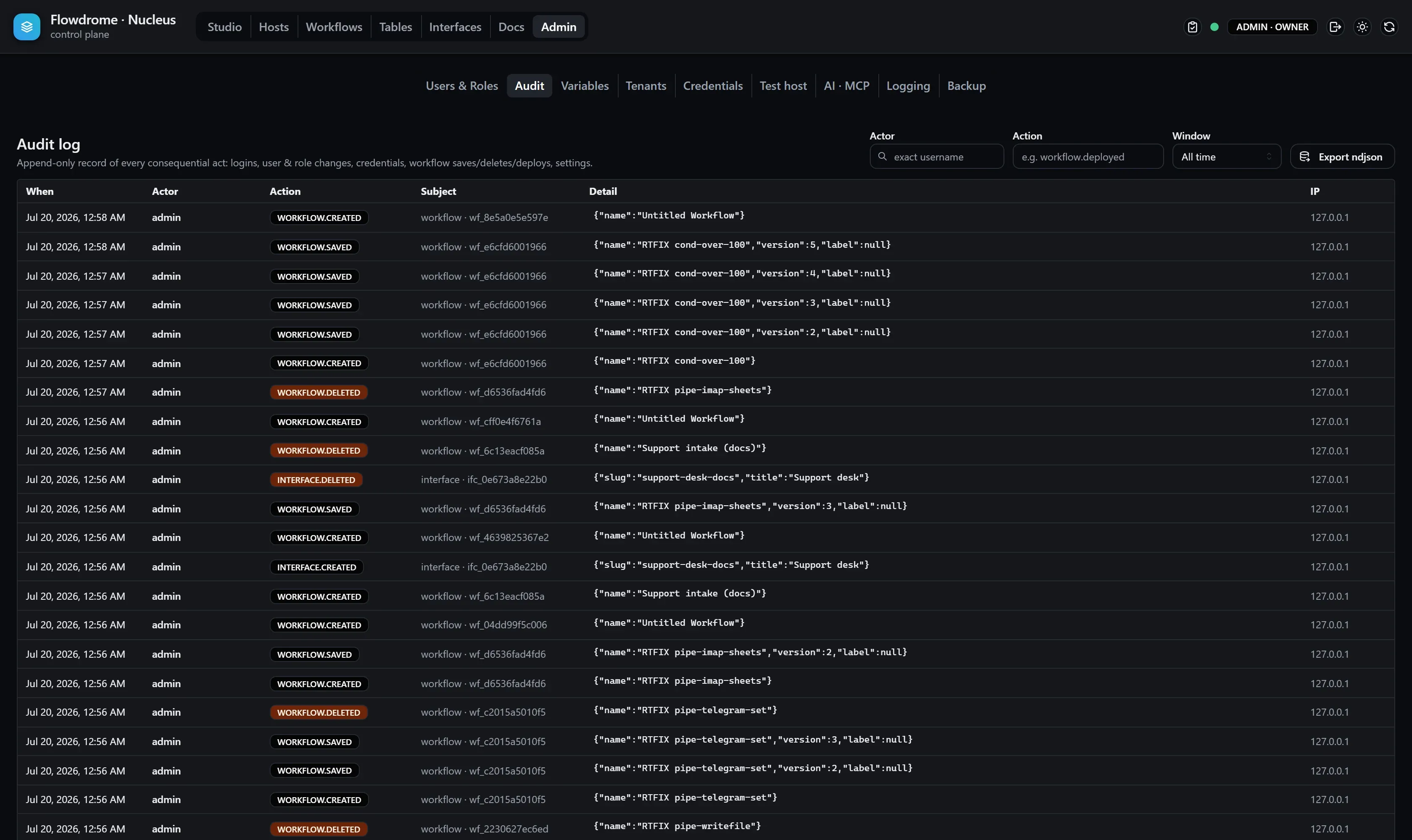 The Audit tab: a dense table of audit entries with timestamp, actor, action, subject and IP columns, actor/action filters and an Export ndjson button