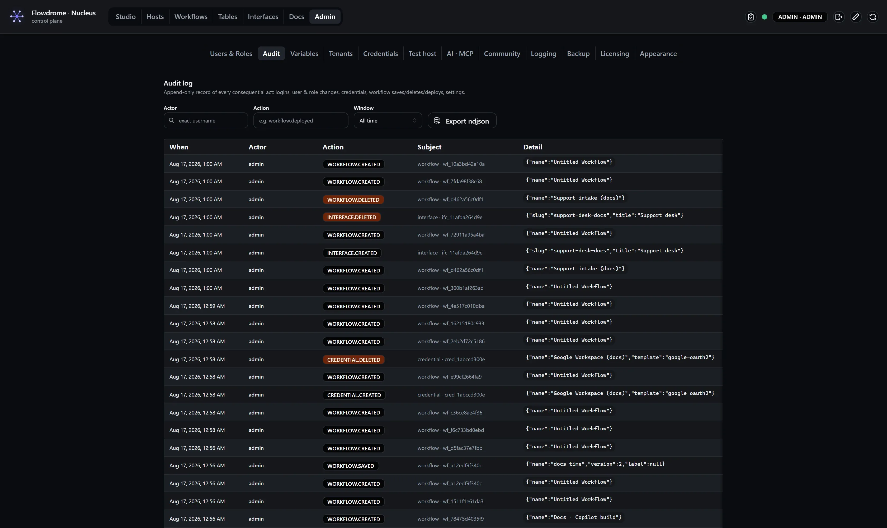The Audit tab: a dense table of audit entries with timestamp, actor, action, subject and IP columns, actor/action filters and an Export ndjson button