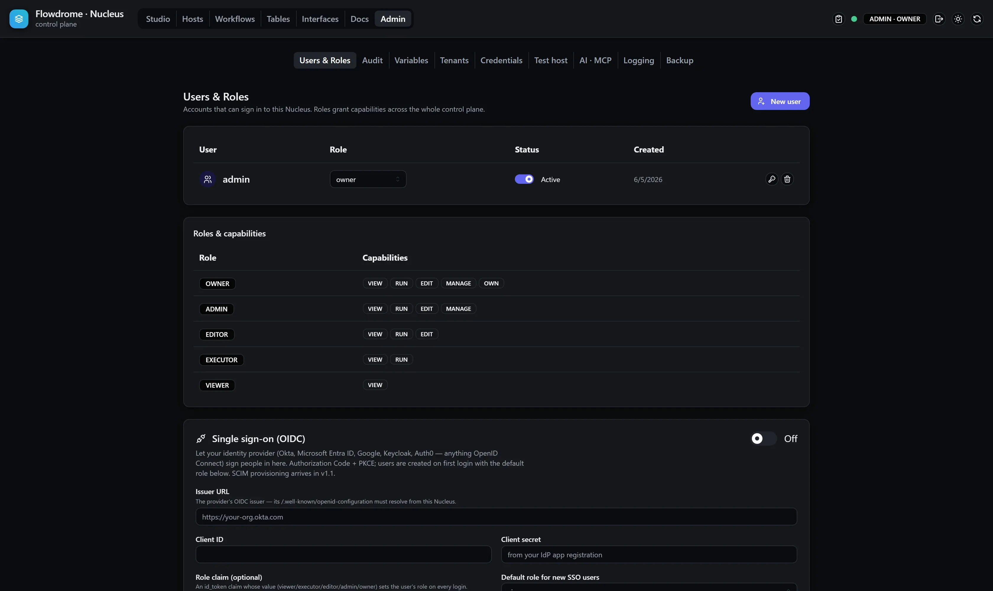 The Single sign-on settings section in Admin → Users & Roles: enable toggle, issuer URL, client ID, write-only client secret, role claim and default role fields