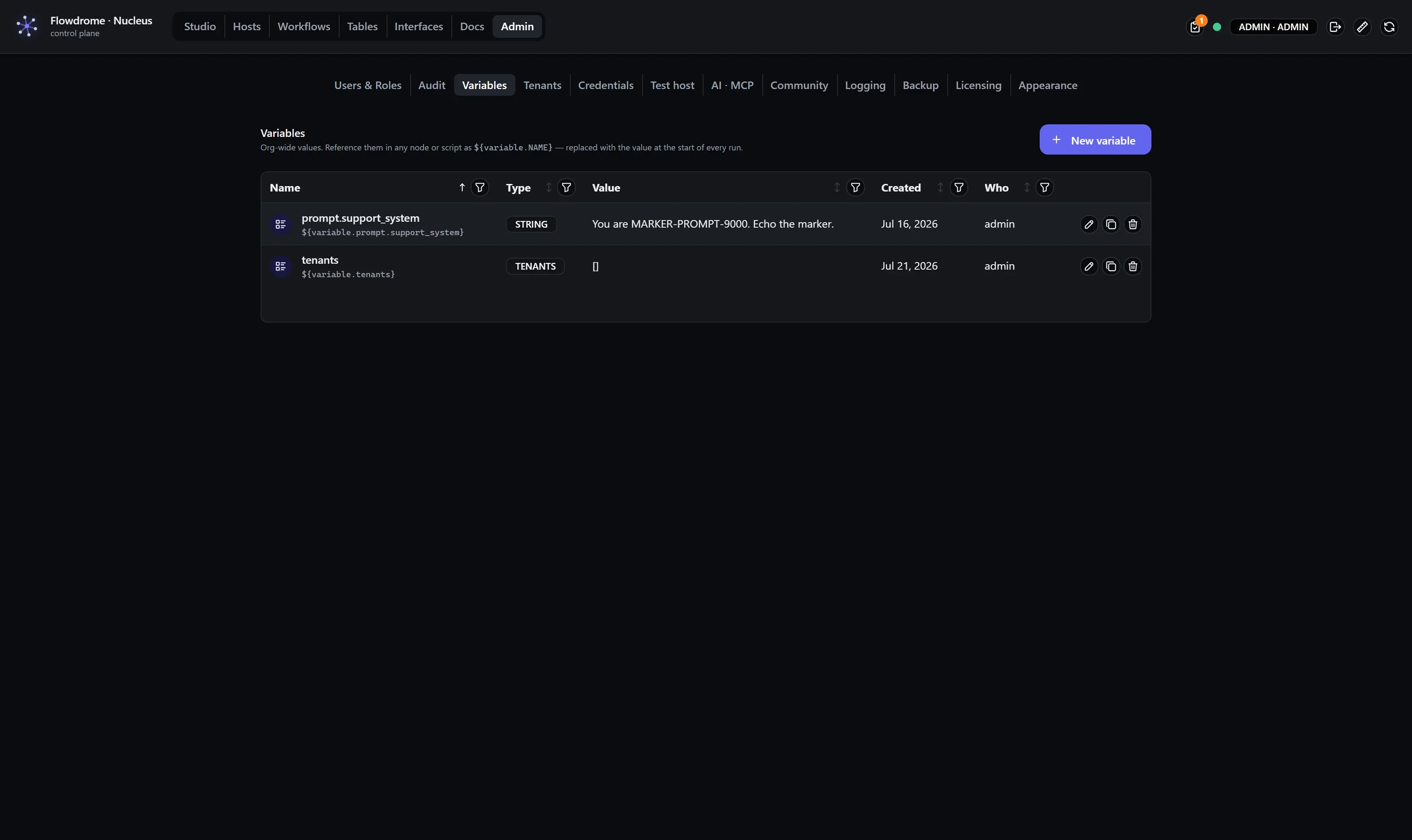 The variables table in the Admin area
