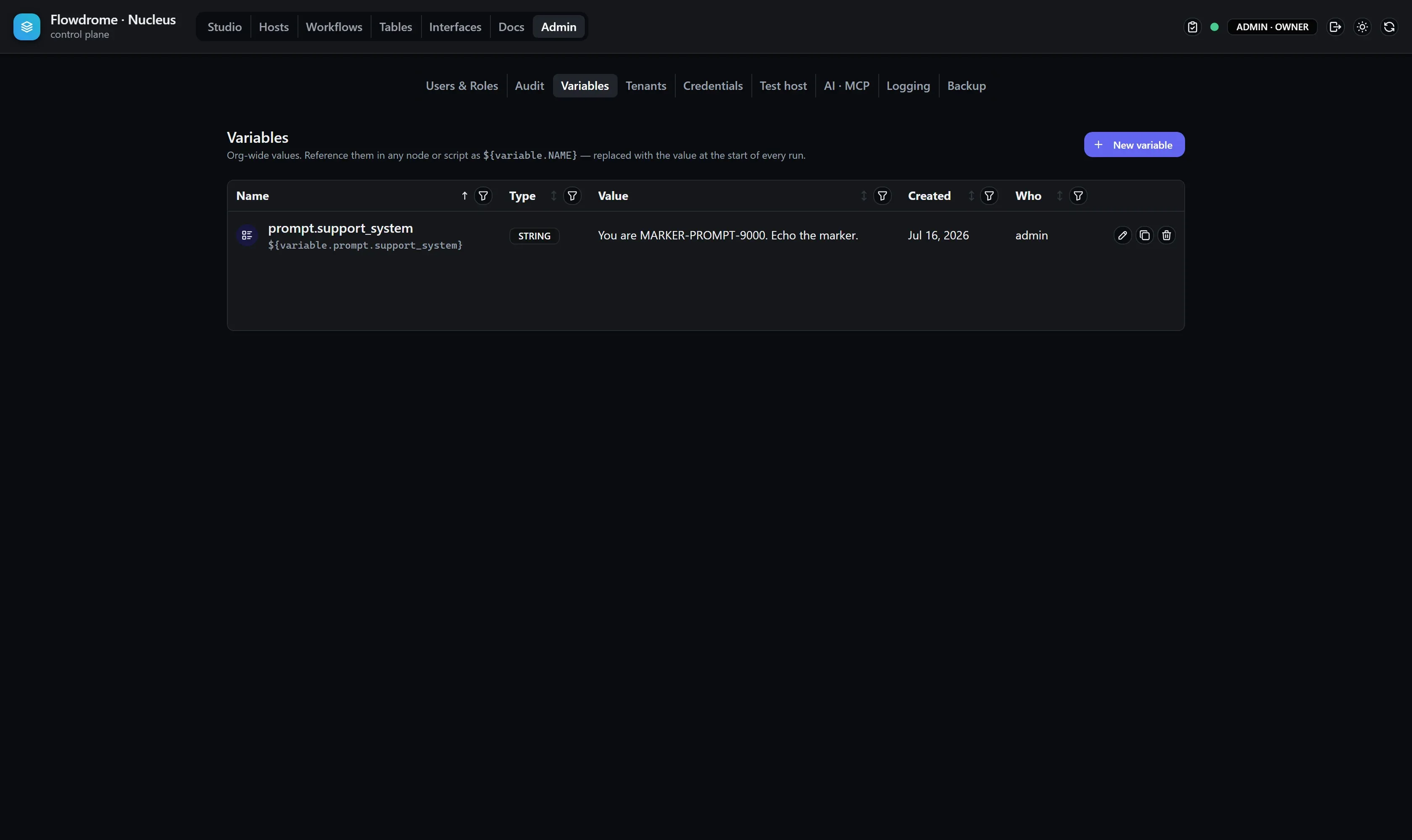 The variables table in the Admin area