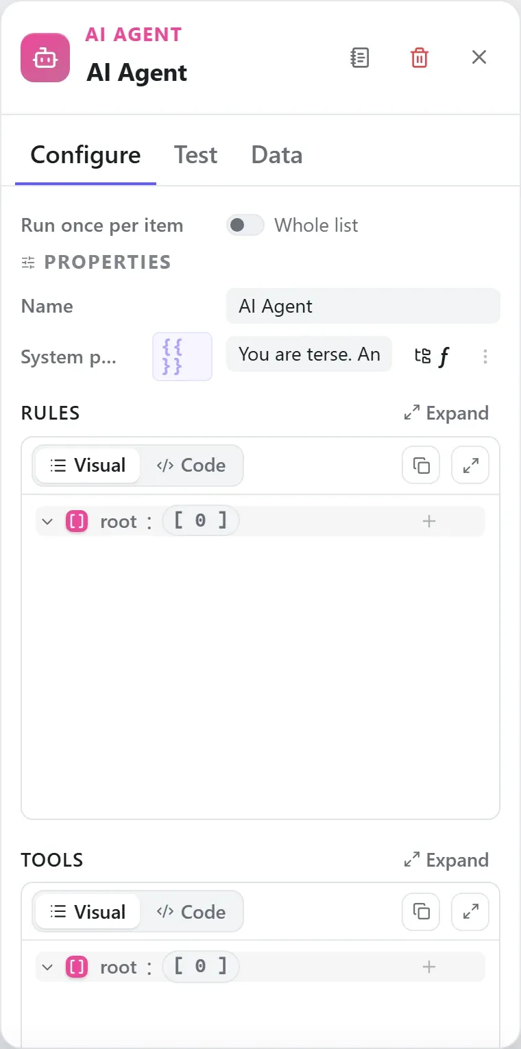 The AI Agent node's settings in the Studio builder