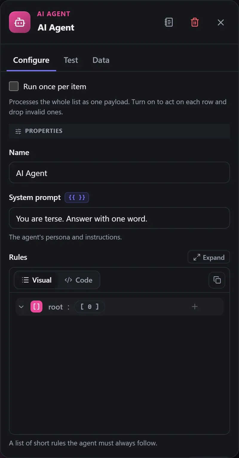 The AI Agent node's Configure panel in the Studio builder