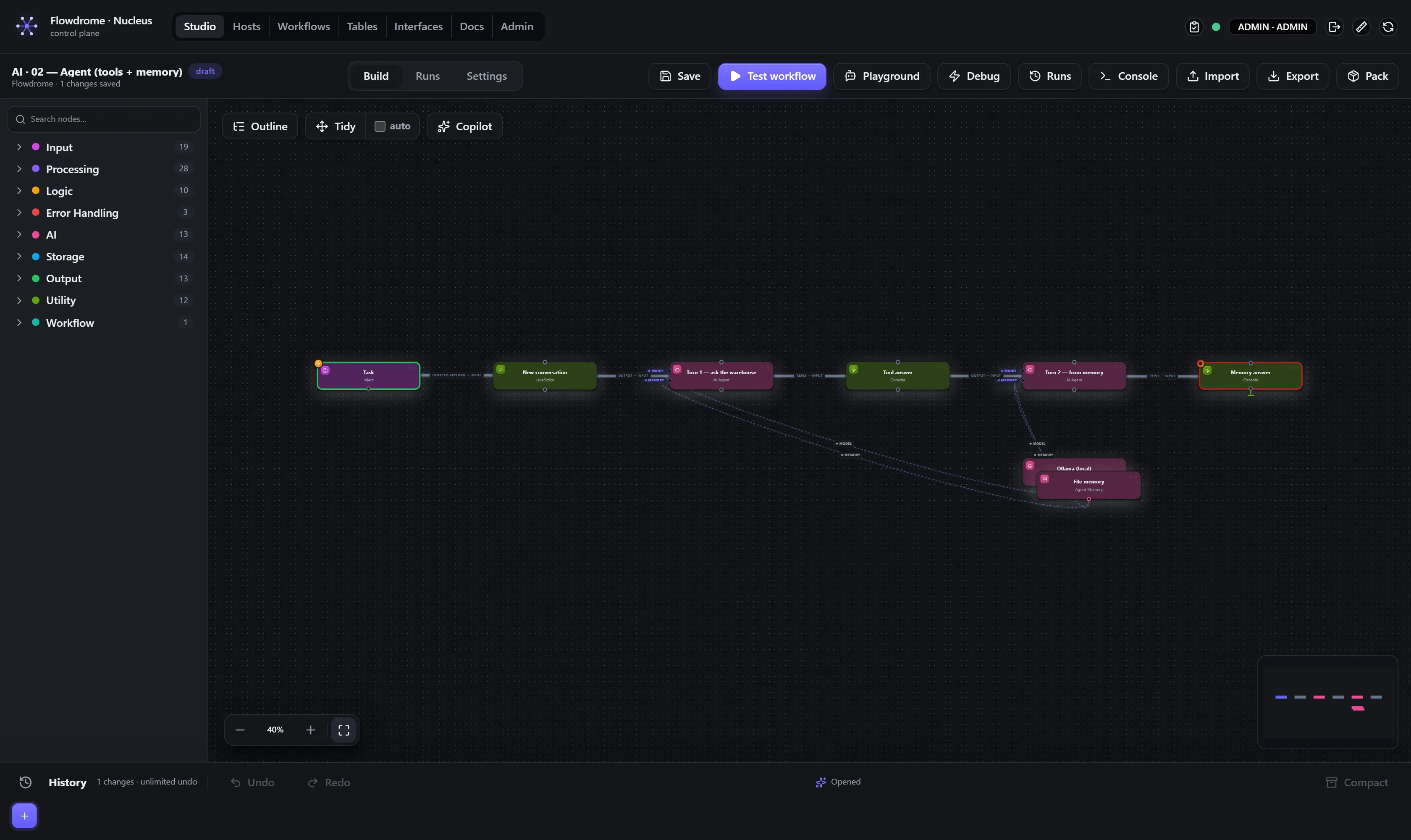 The agent demo workflow with wired model and memory carriers