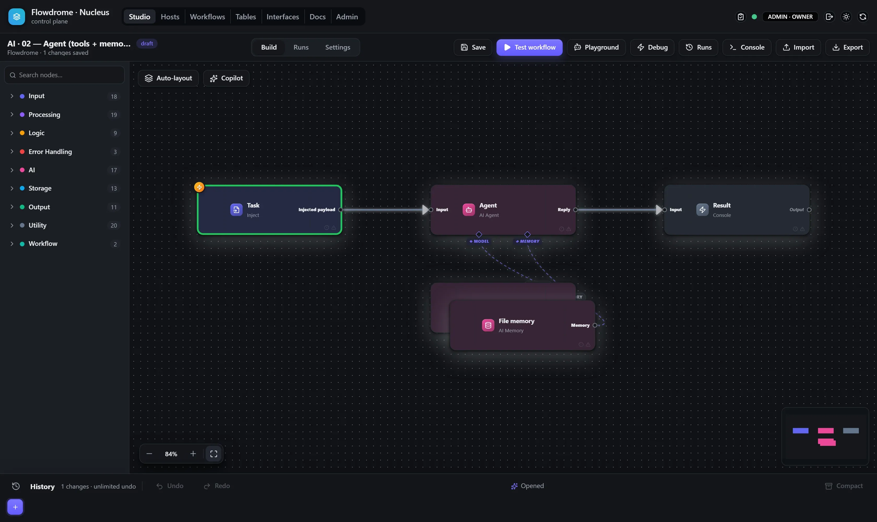The agent demo workflow with wired model and memory carriers