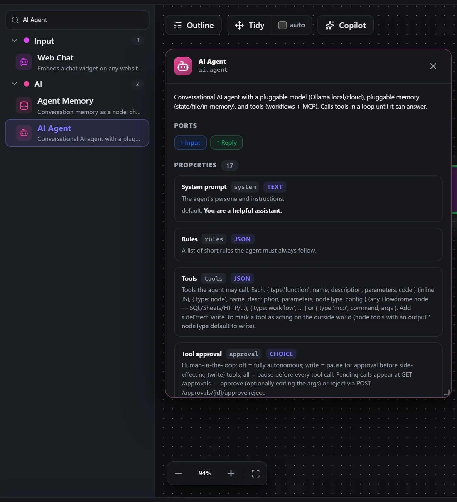 AI Agent in the node library, with the in-editor docs panel open
