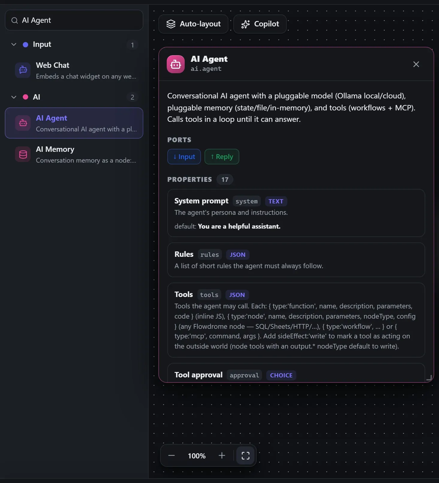 AI Agent in the node library, with the in-editor docs panel open