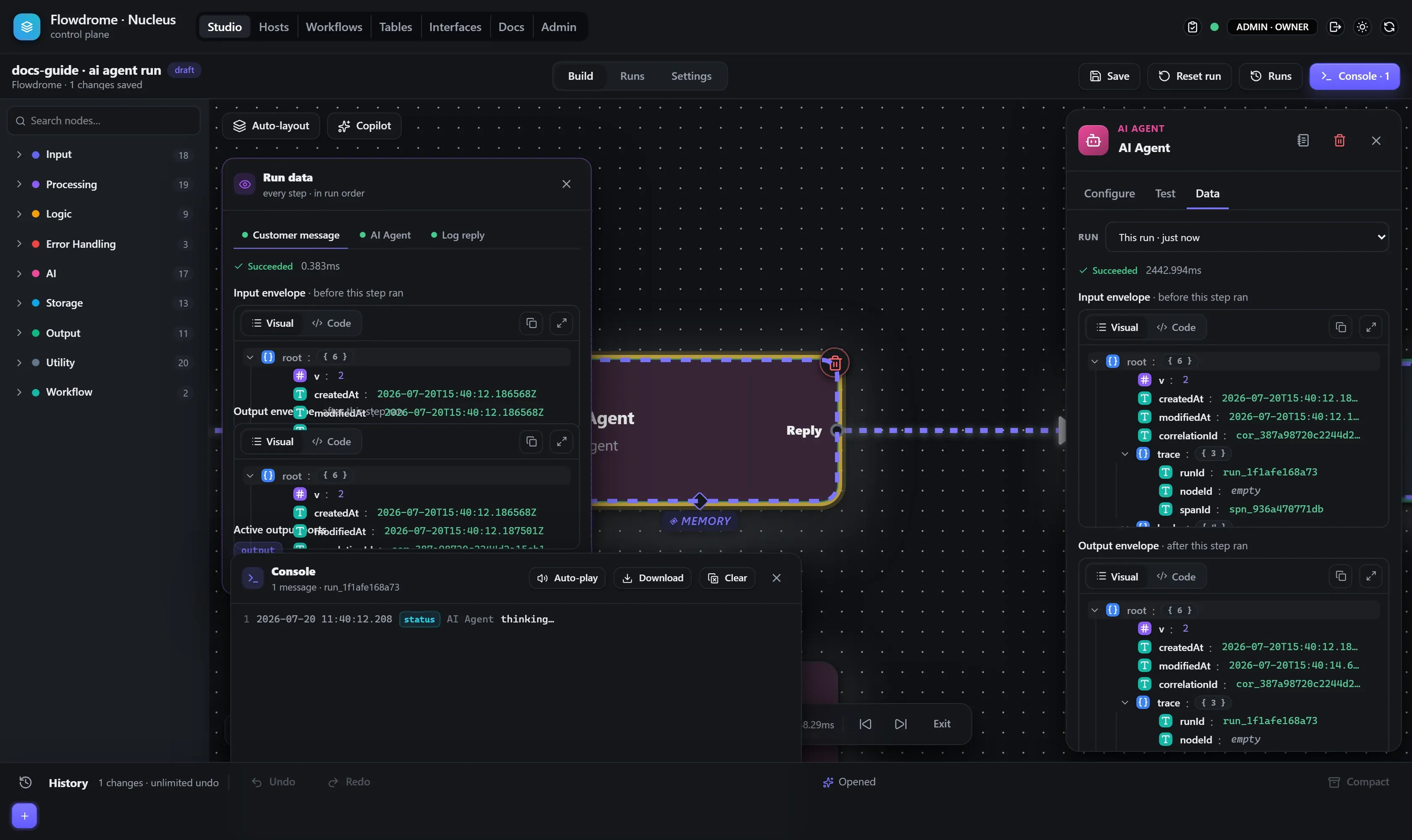 The agent node's run data showing input and output envelopes