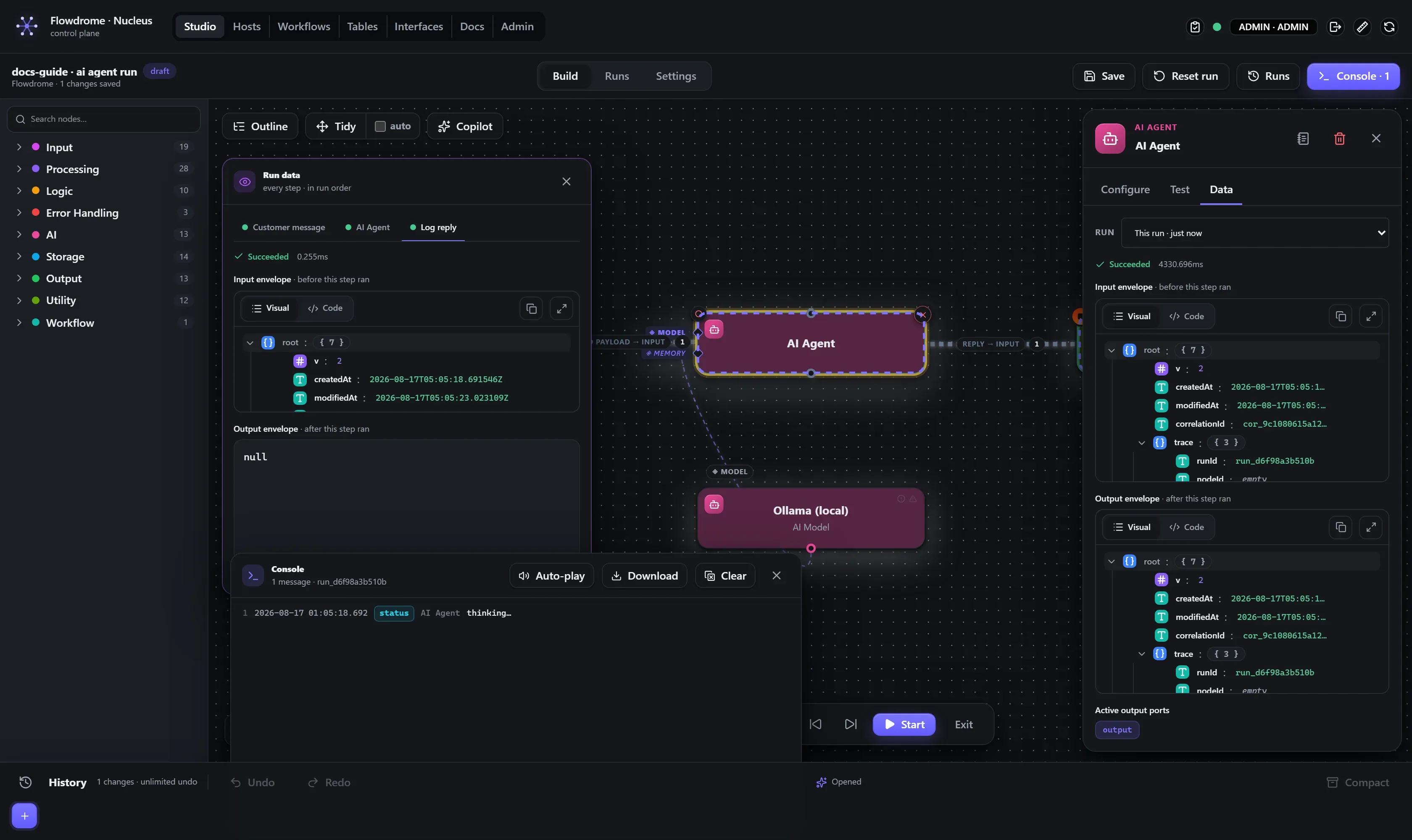 The agent node's run data showing input and output envelopes