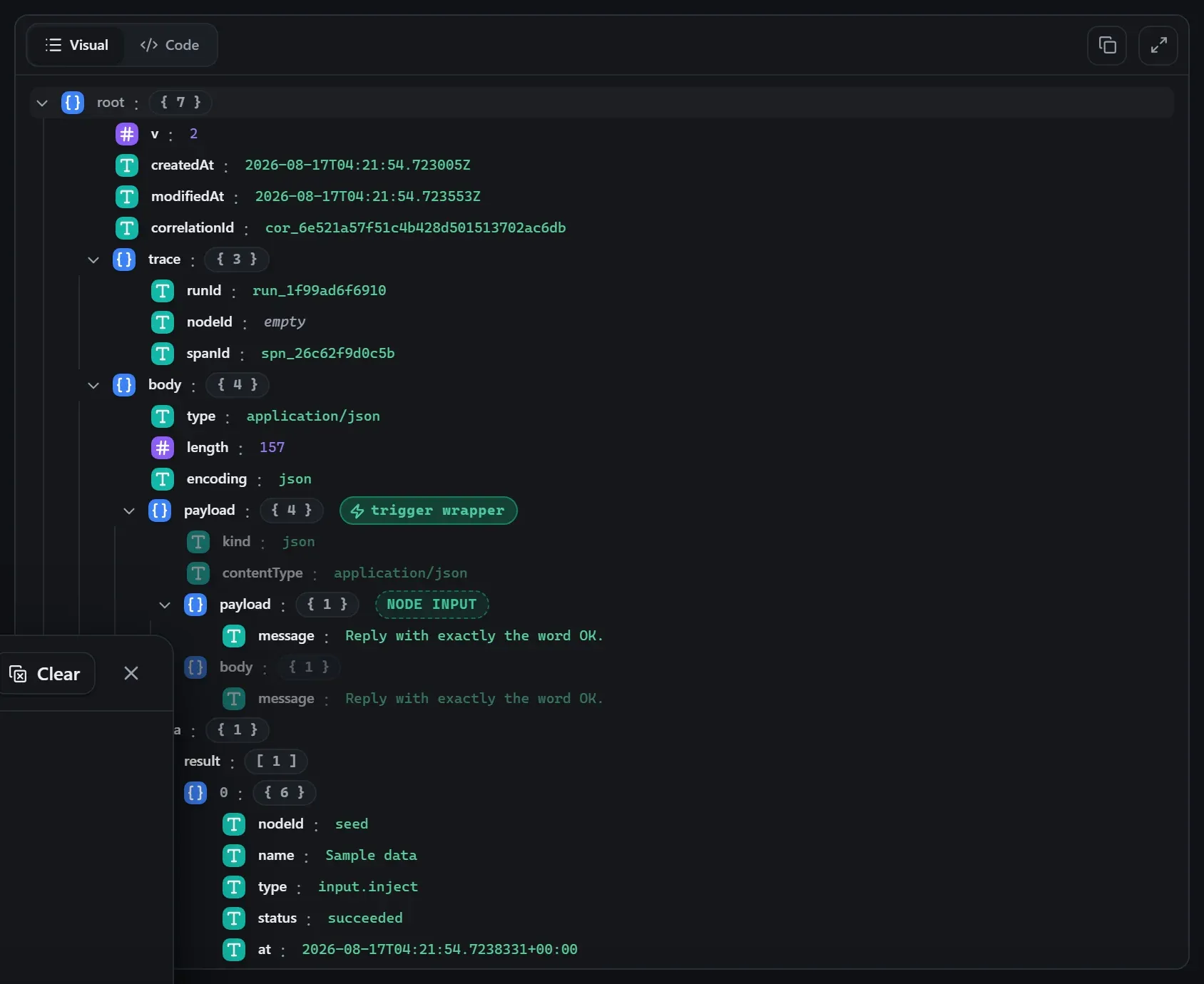The AI Agent node's input envelope in the run data viewer