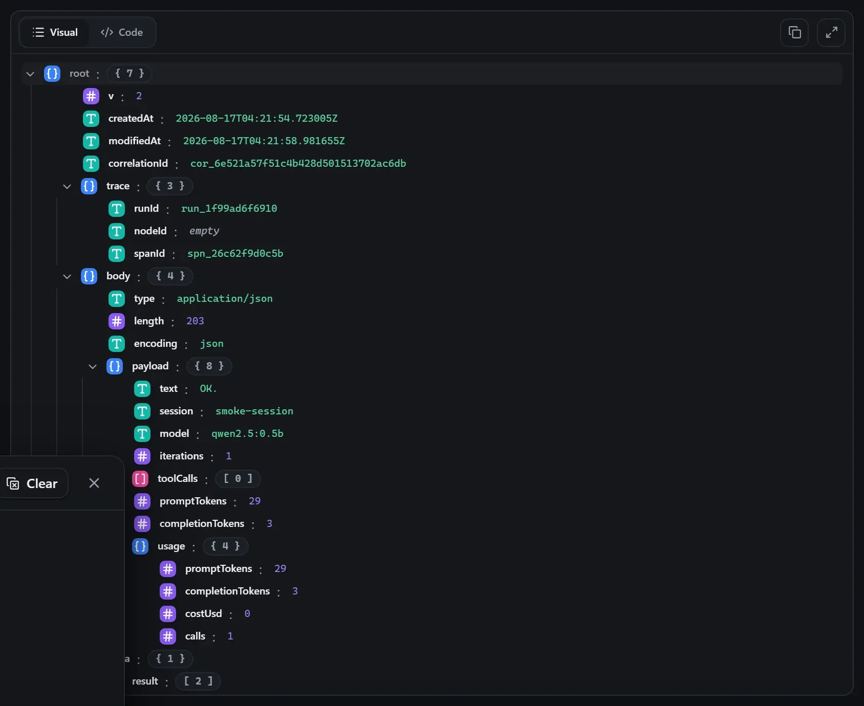 The AI Agent node's output envelope in the run data viewer