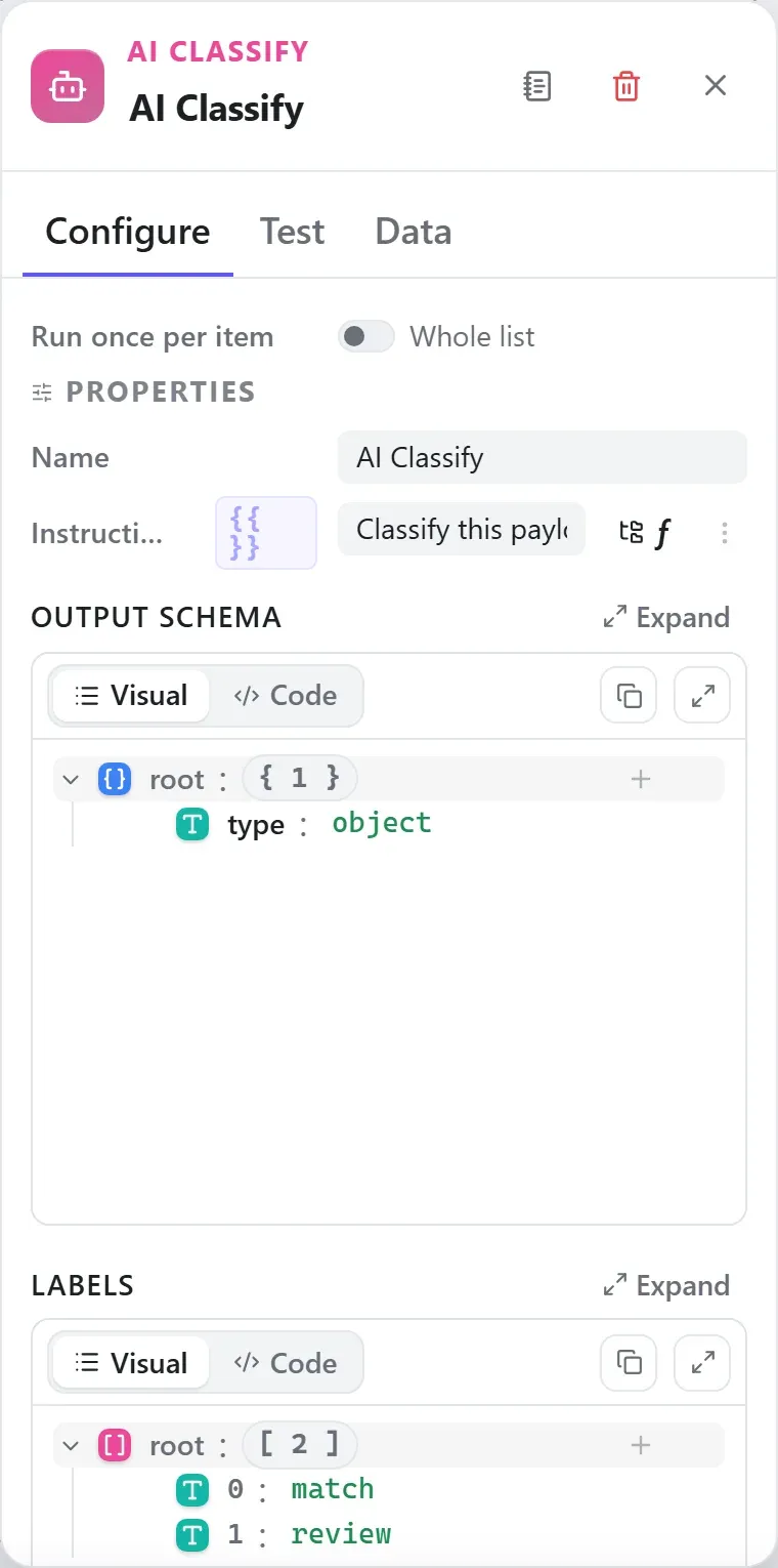 The AI Classify node's settings in the Studio builder