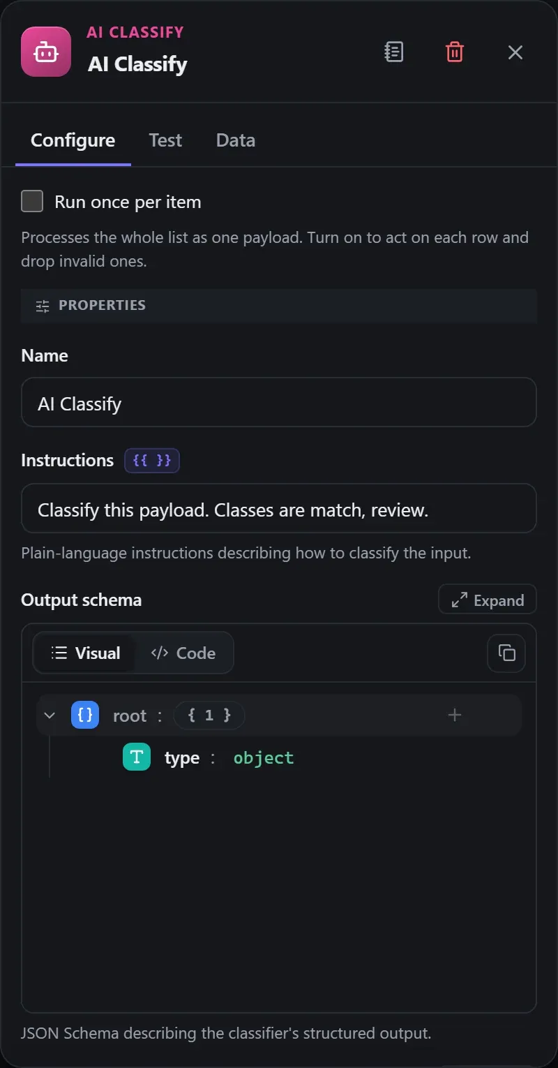 The AI Classify node's Configure panel in the Studio builder