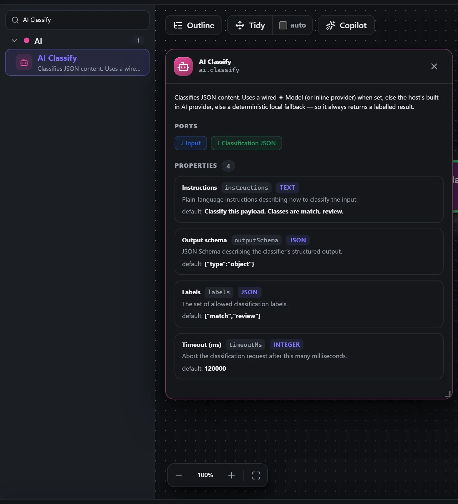 AI Classify in the node library, with the in-editor docs panel open