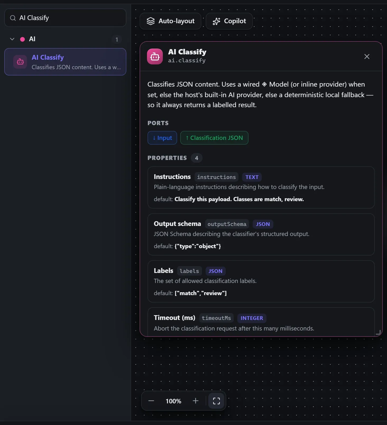 AI Classify in the node library, with the in-editor docs panel open