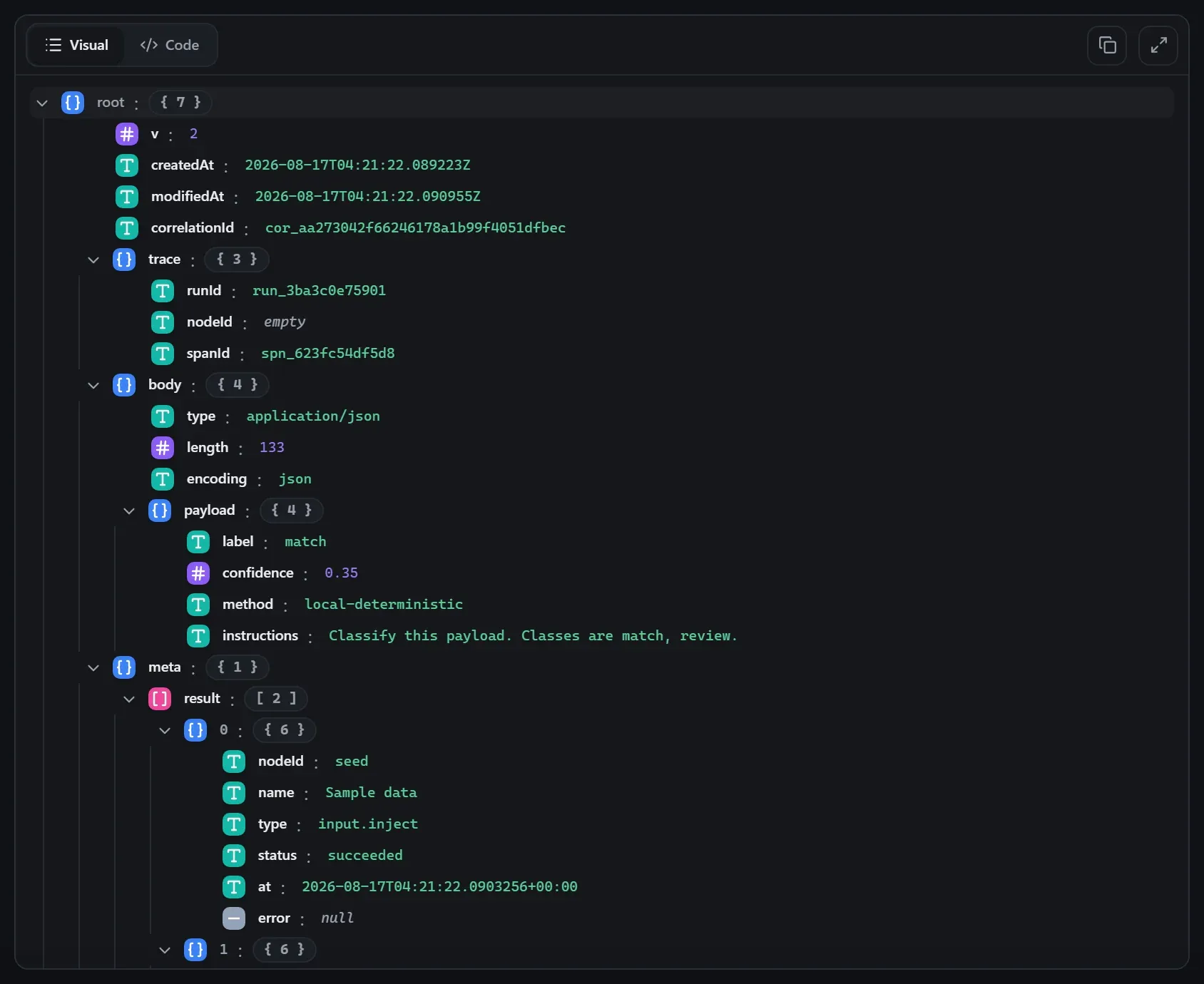 The AI Classify node's output envelope in the run data viewer