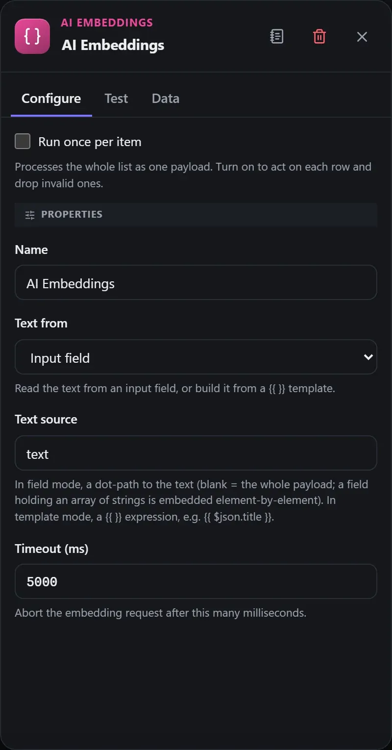 The AI Embeddings node's Configure panel in the Studio builder