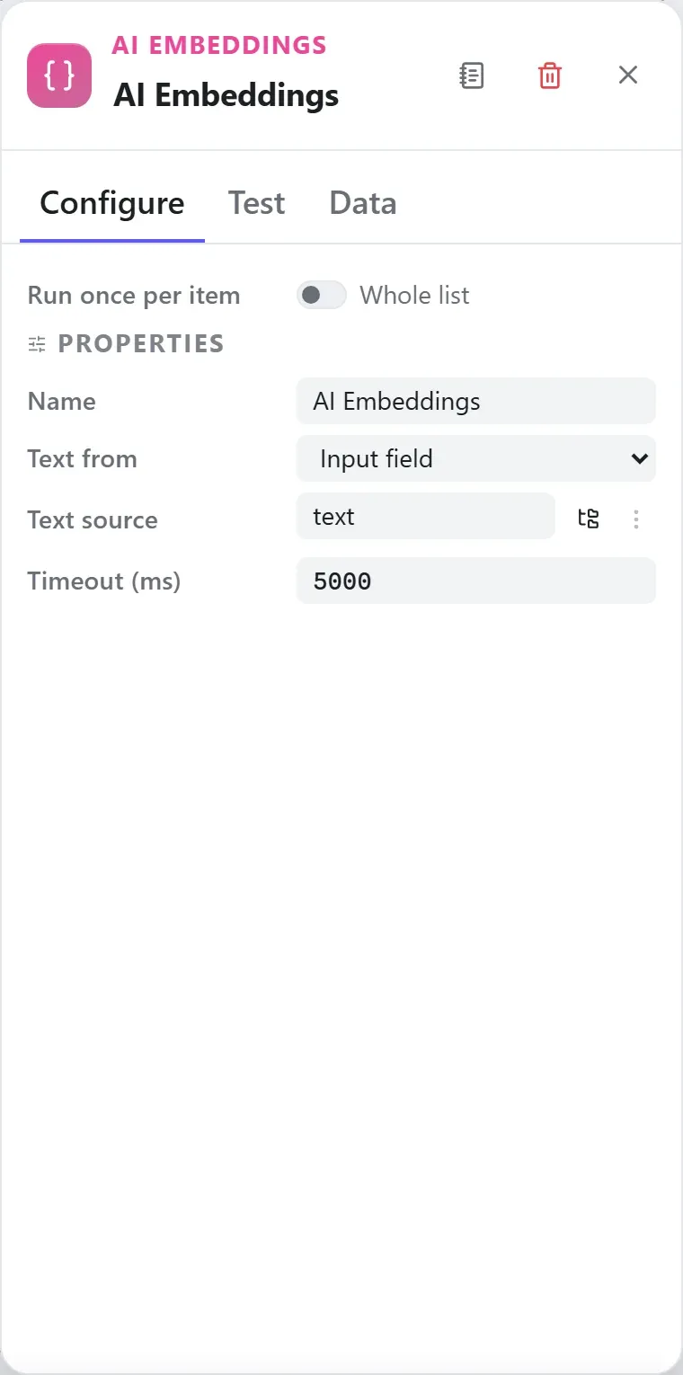 The AI Embeddings node's settings in the Studio builder