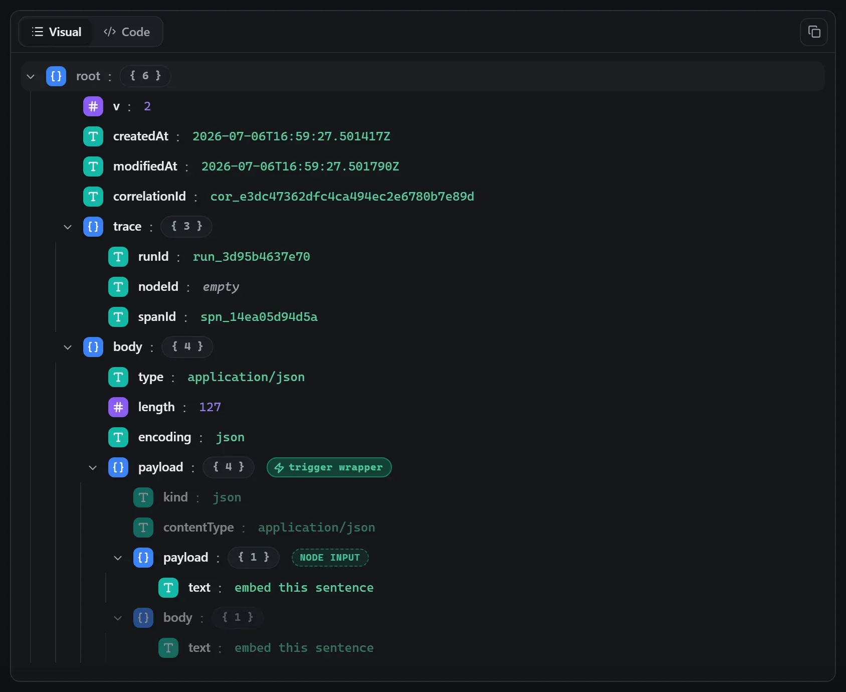The AI Embeddings node's input envelope in the run data viewer