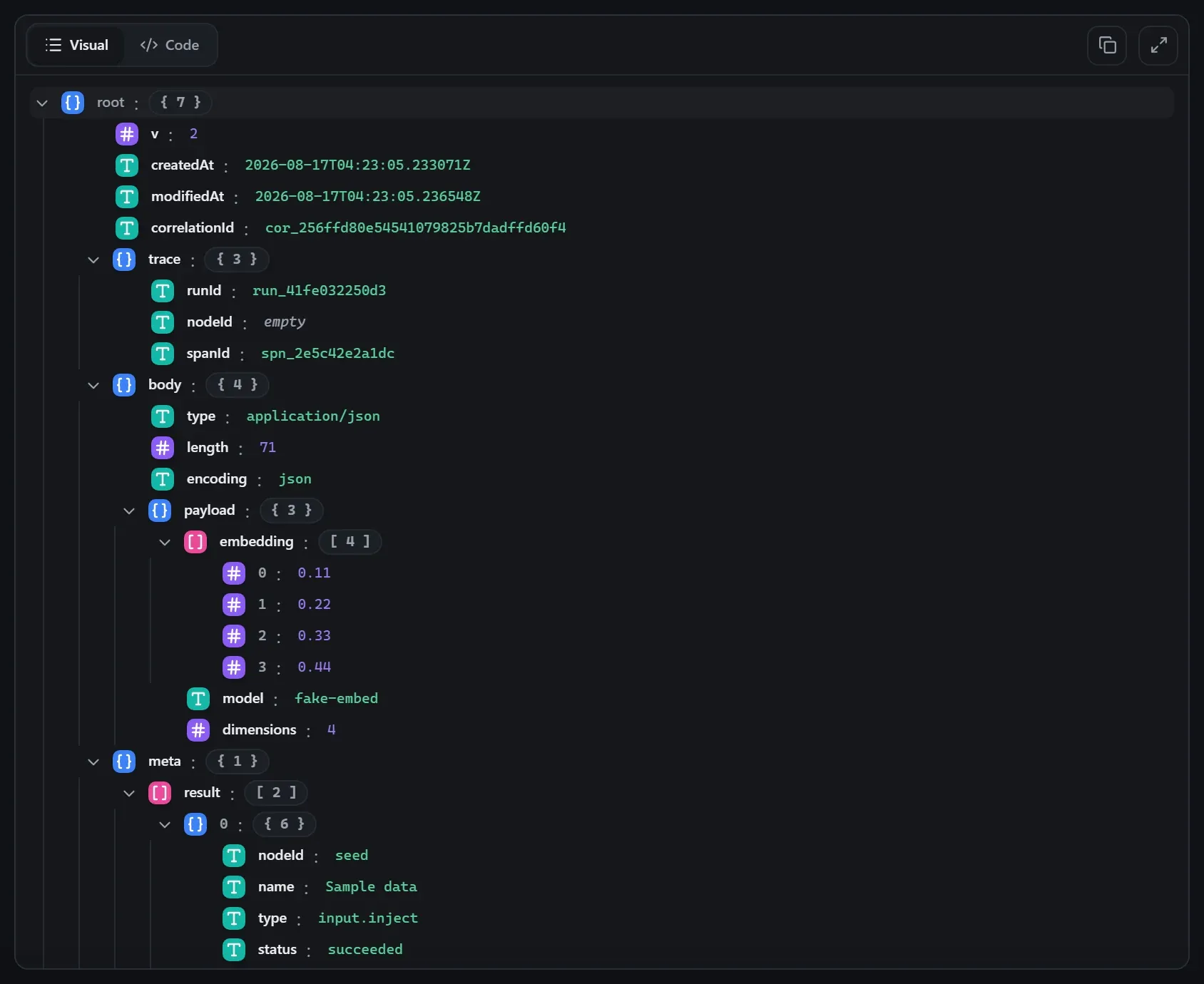 The AI Embeddings node's output envelope in the run data viewer