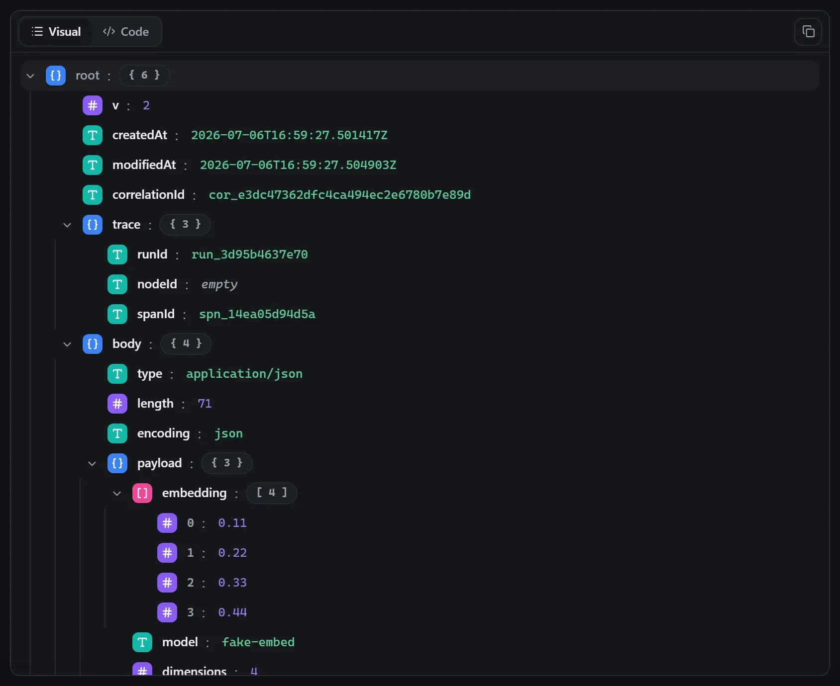 The AI Embeddings node's output envelope in the run data viewer