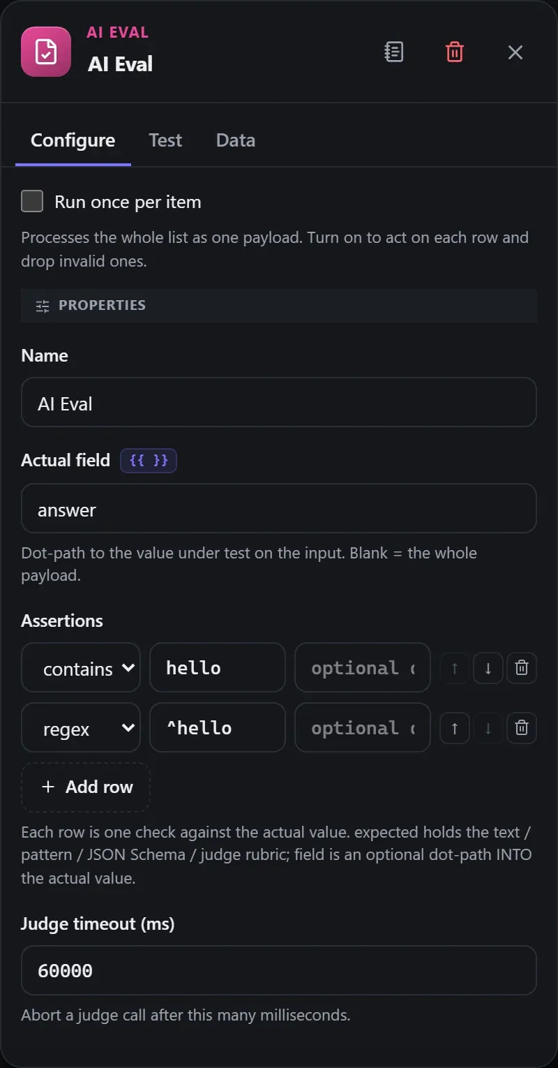 The AI Eval node's Configure panel in the Studio builder