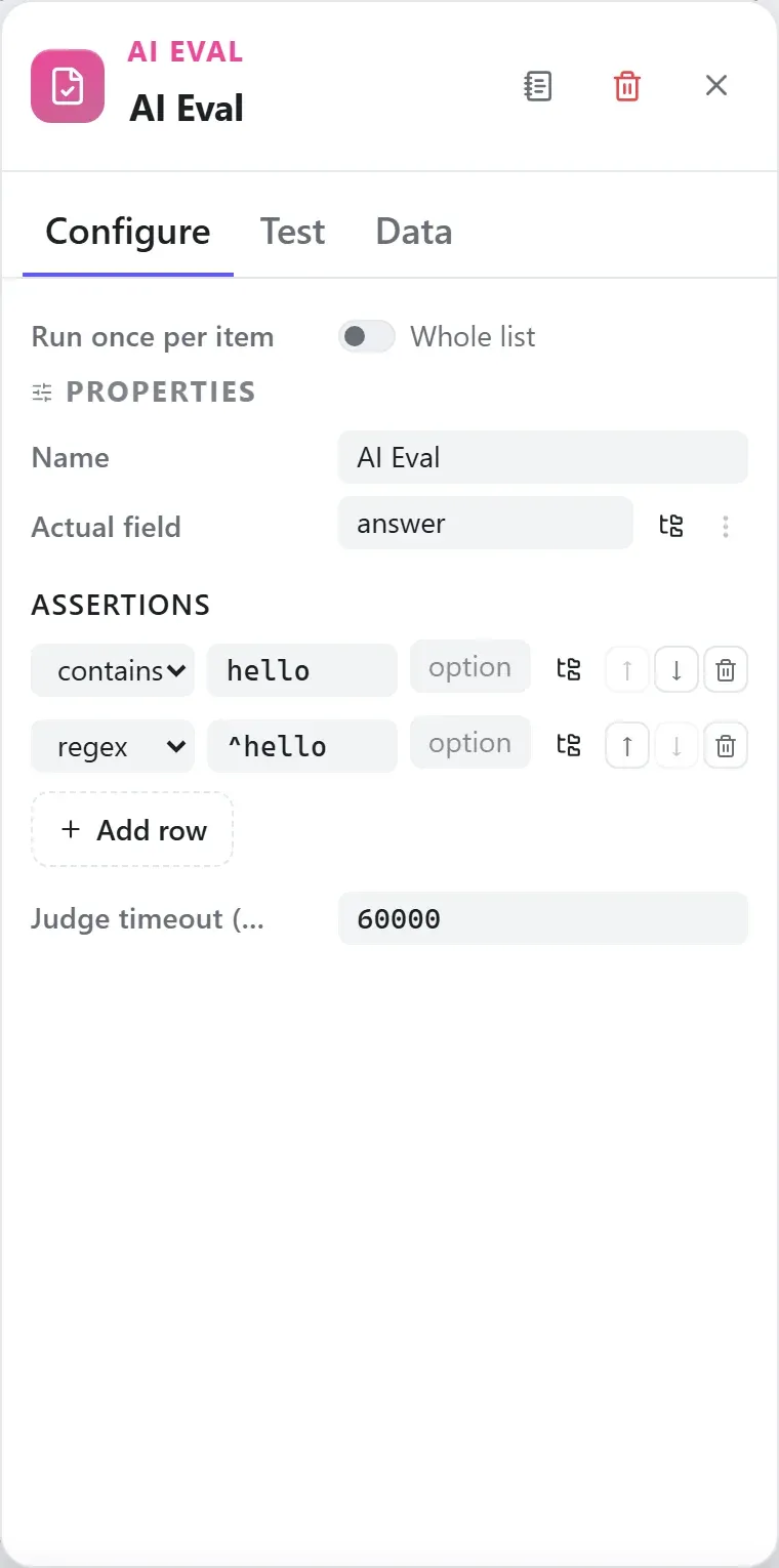 The AI Eval node's settings in the Studio builder