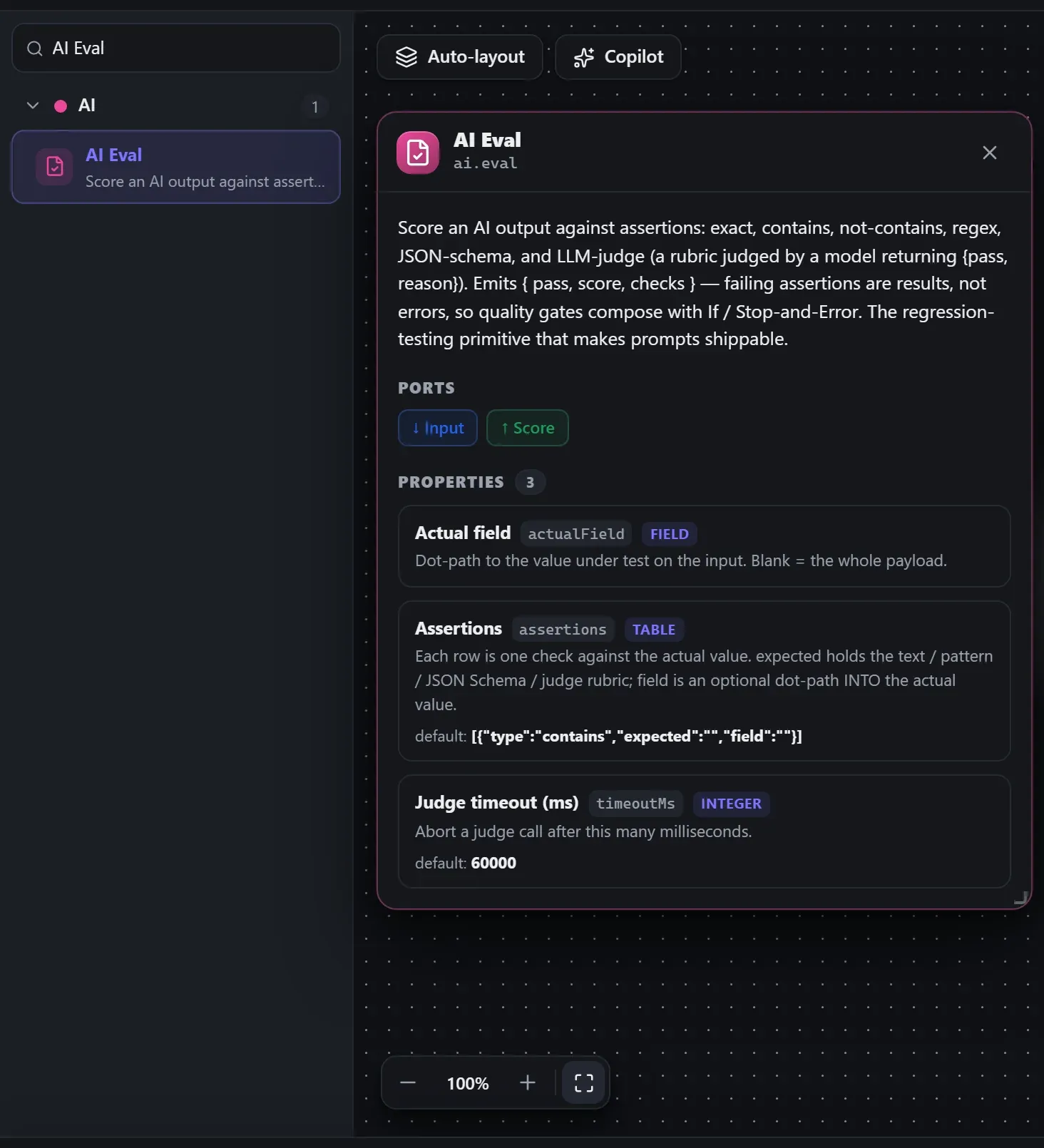 AI Eval in the node library, with the in-editor docs panel open