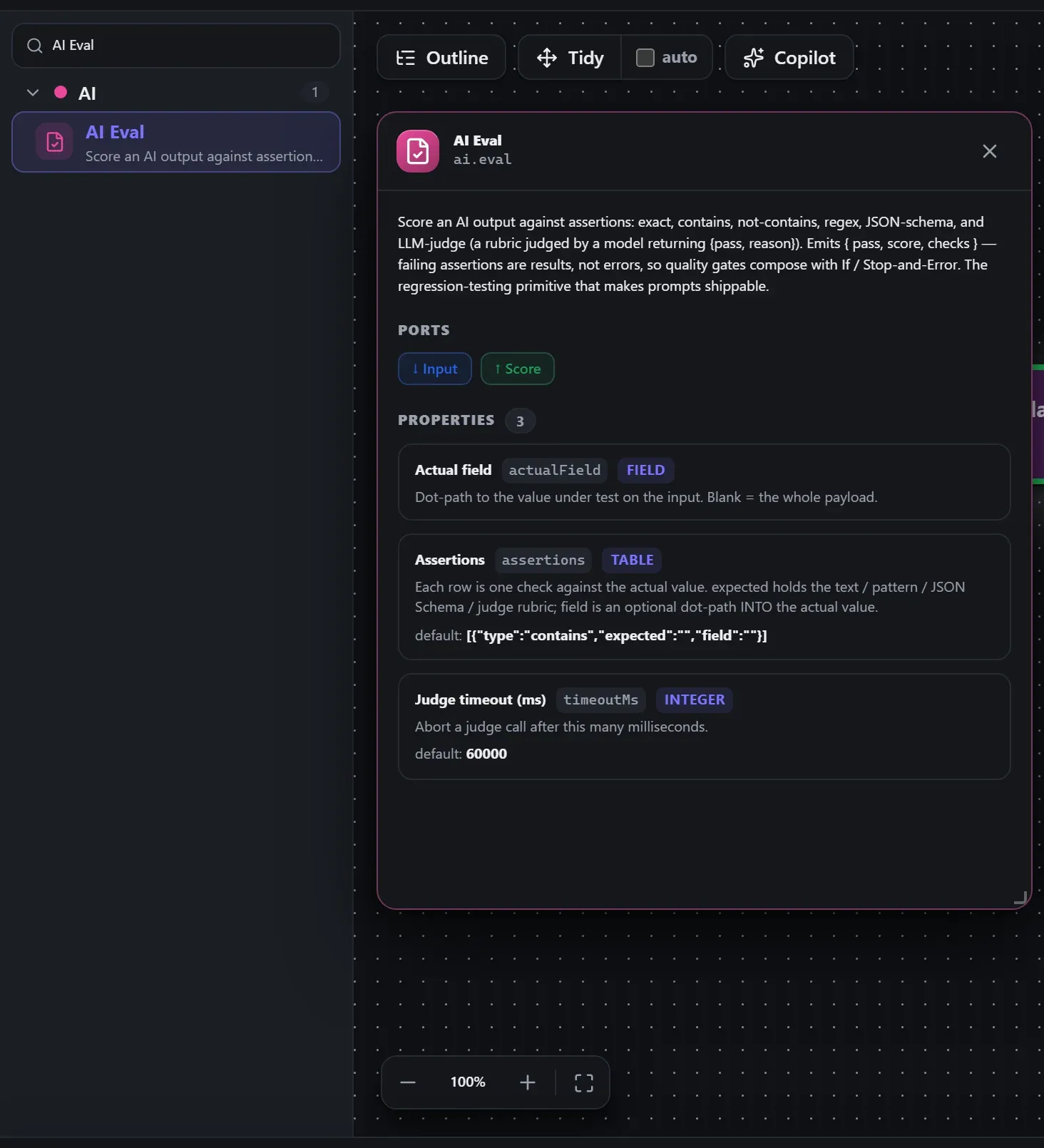 AI Eval in the node library, with the in-editor docs panel open