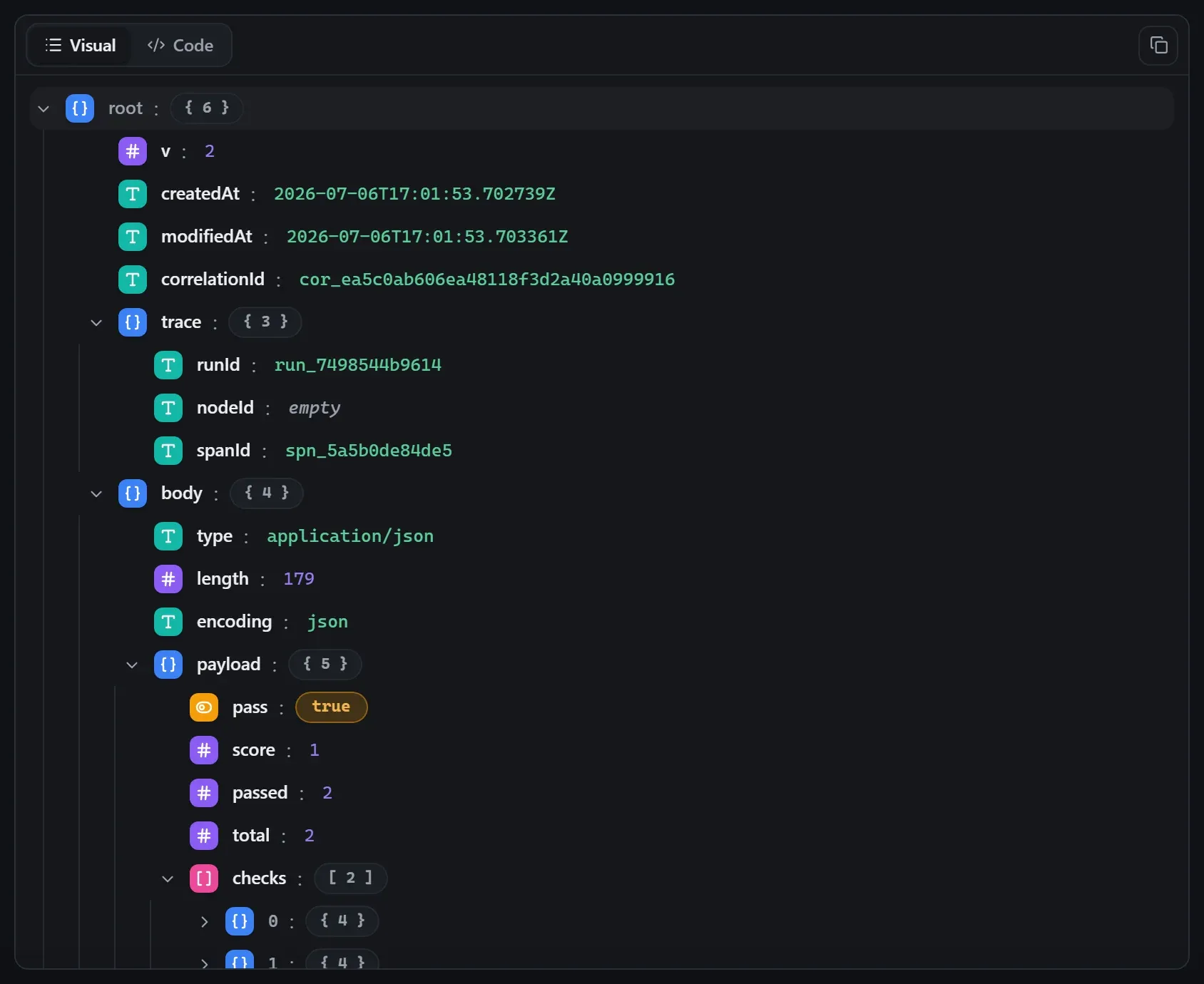 The AI Eval node's output envelope in the run data viewer