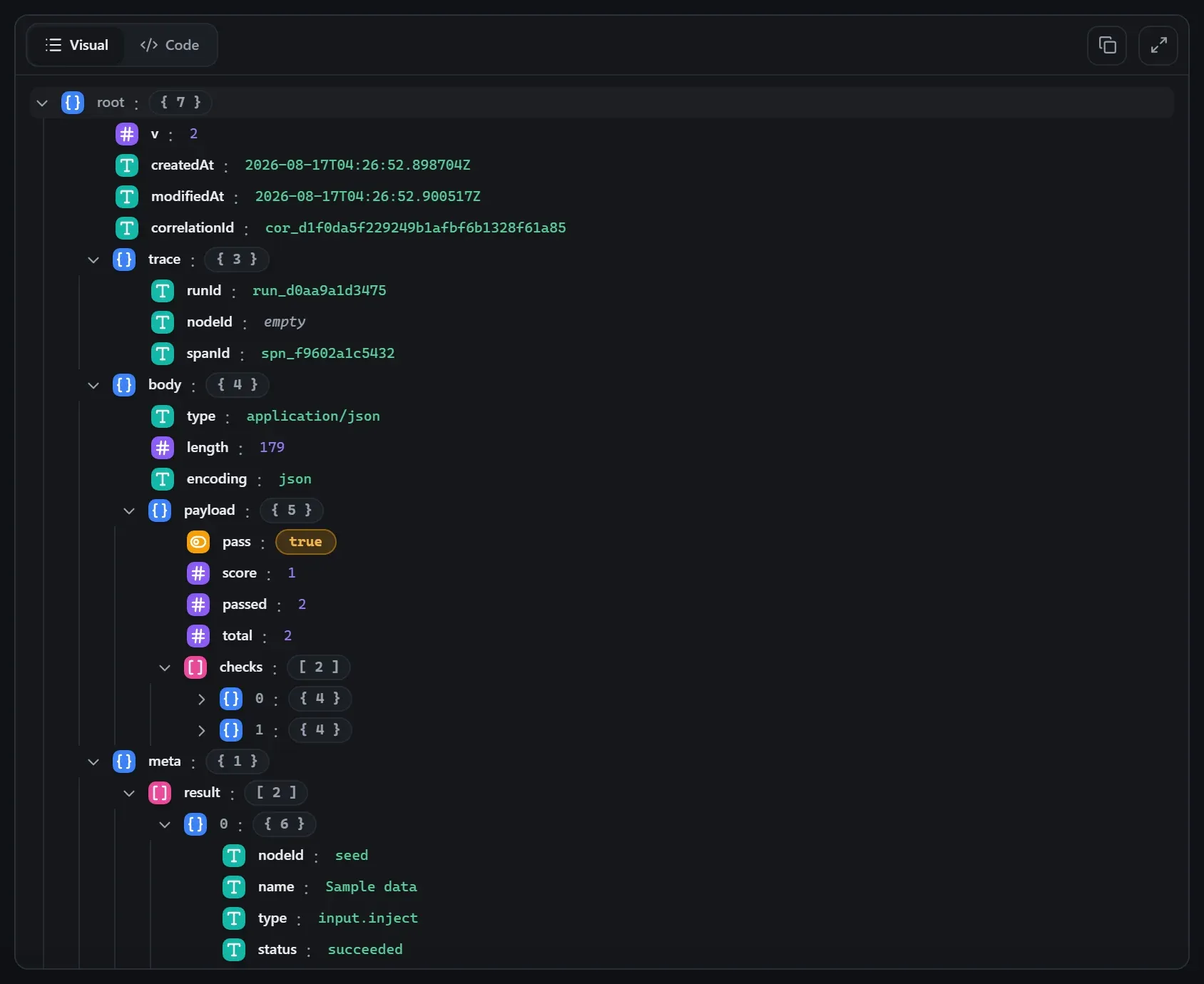 The AI Eval node's output envelope in the run data viewer
