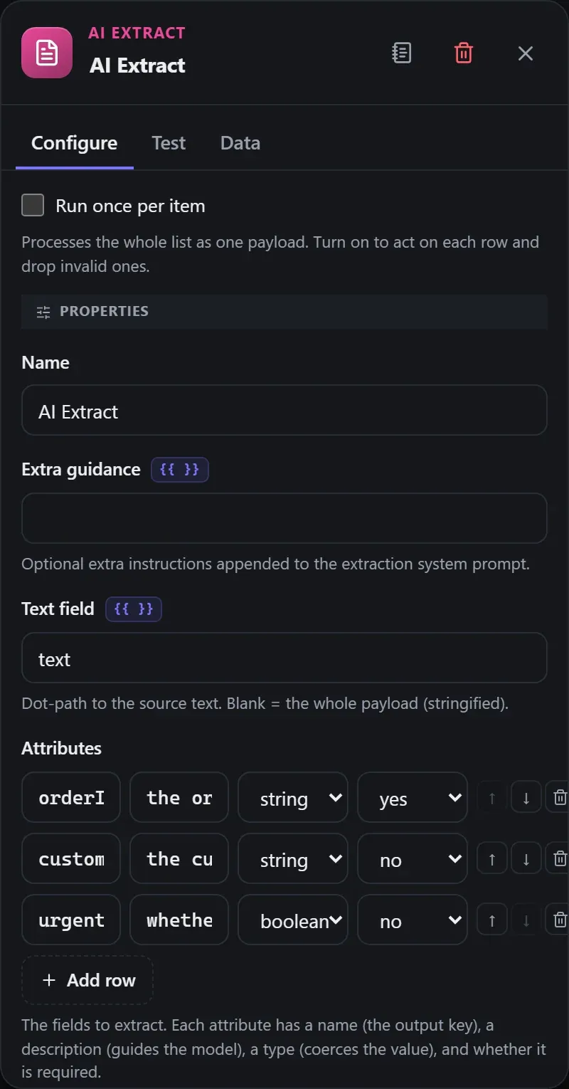 The AI Extract node's Configure panel in the Studio builder
