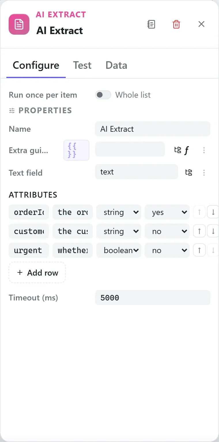 The AI Extract node's settings in the Studio builder
