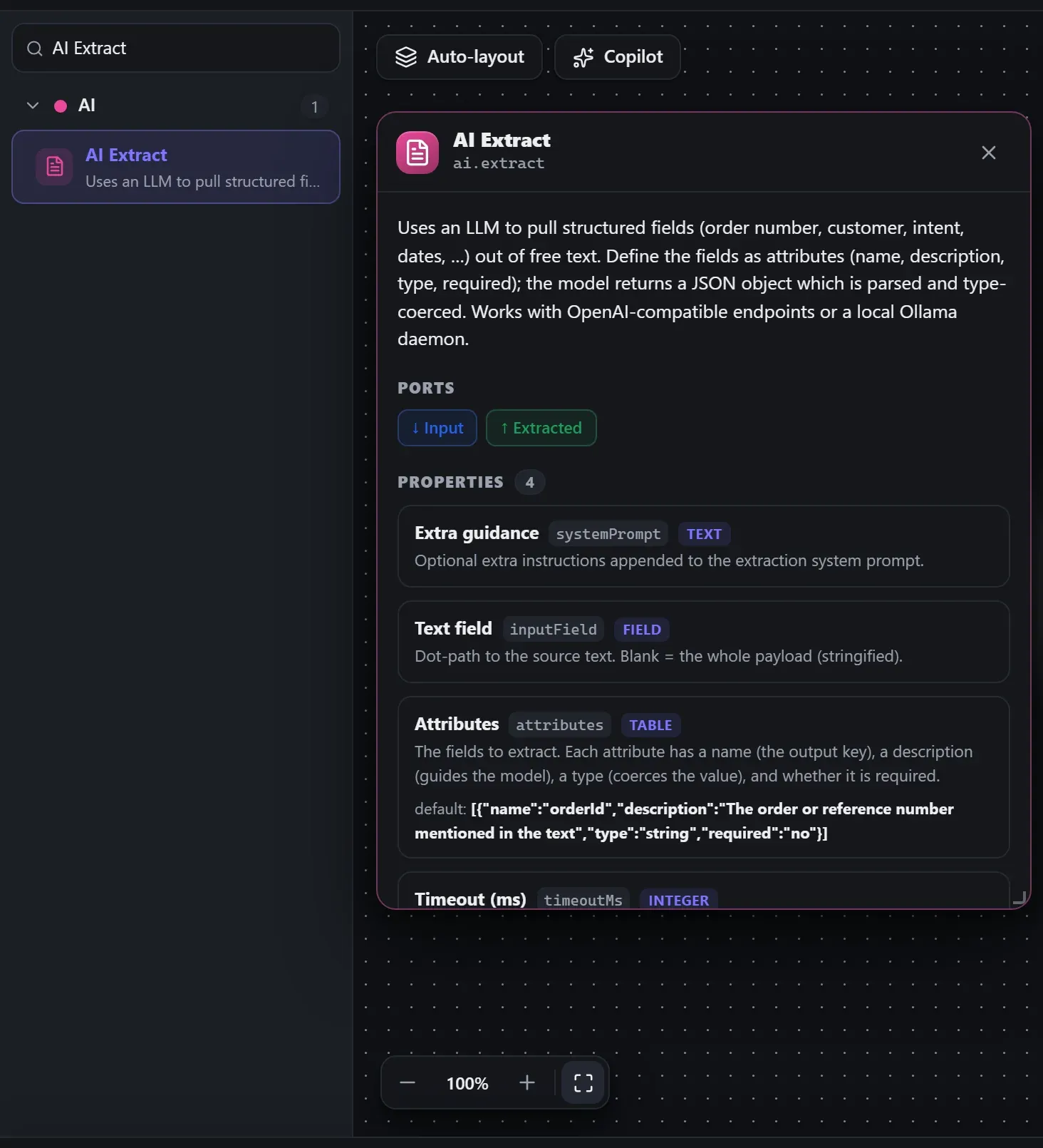 AI Extract in the node library, with the in-editor docs panel open