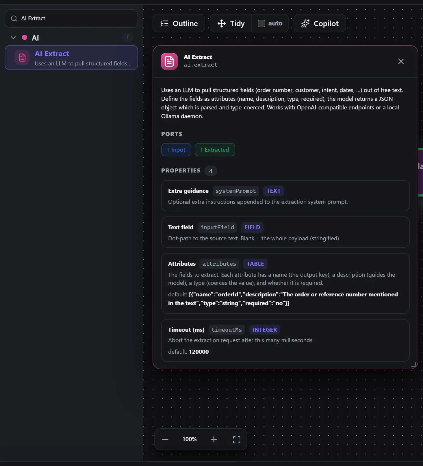AI Extract in the node library, with the in-editor docs panel open