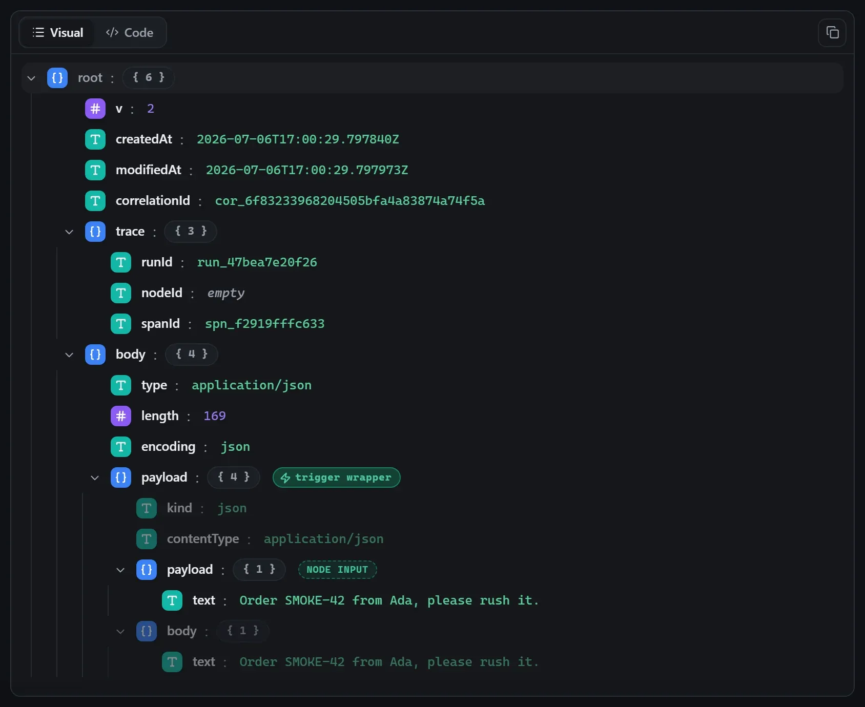 The AI Extract node's input envelope in the run data viewer