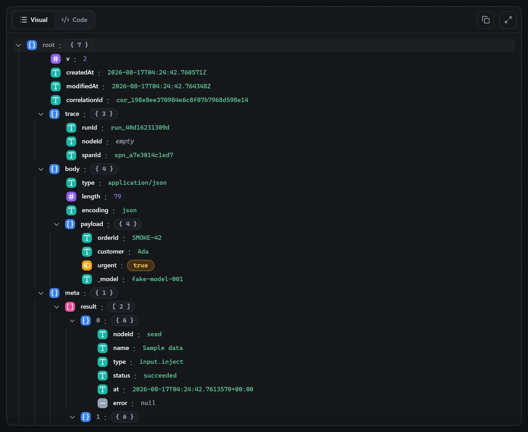 The AI Extract node's output envelope in the run data viewer