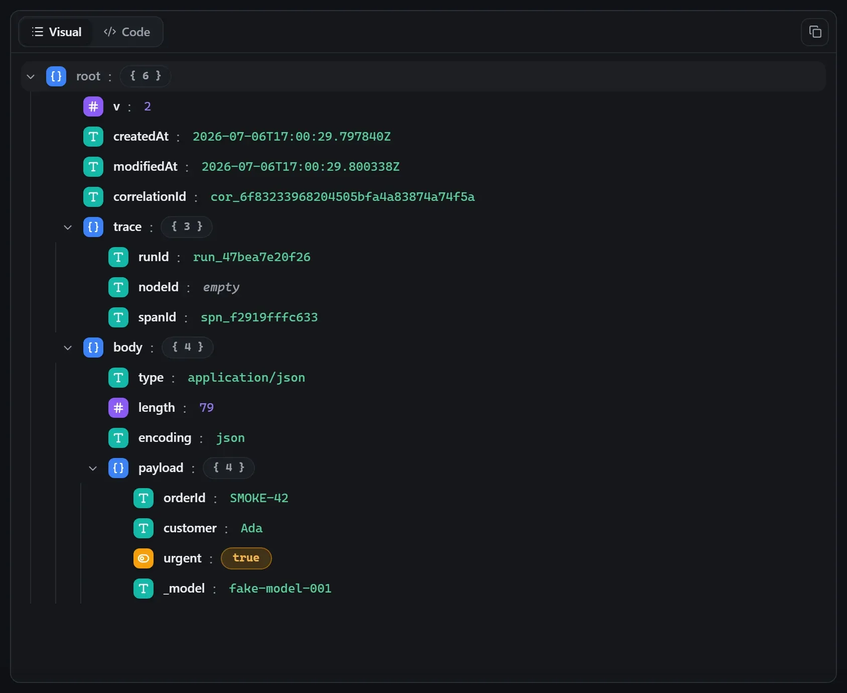 The AI Extract node's output envelope in the run data viewer