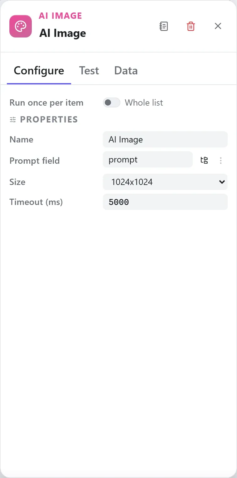 The AI Image node's settings in the Studio builder