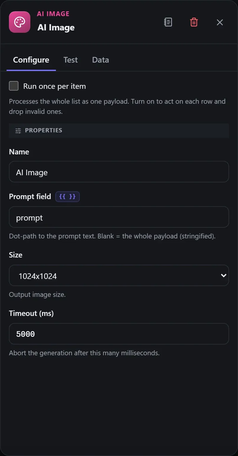 The AI Image node's Configure panel in the Studio builder