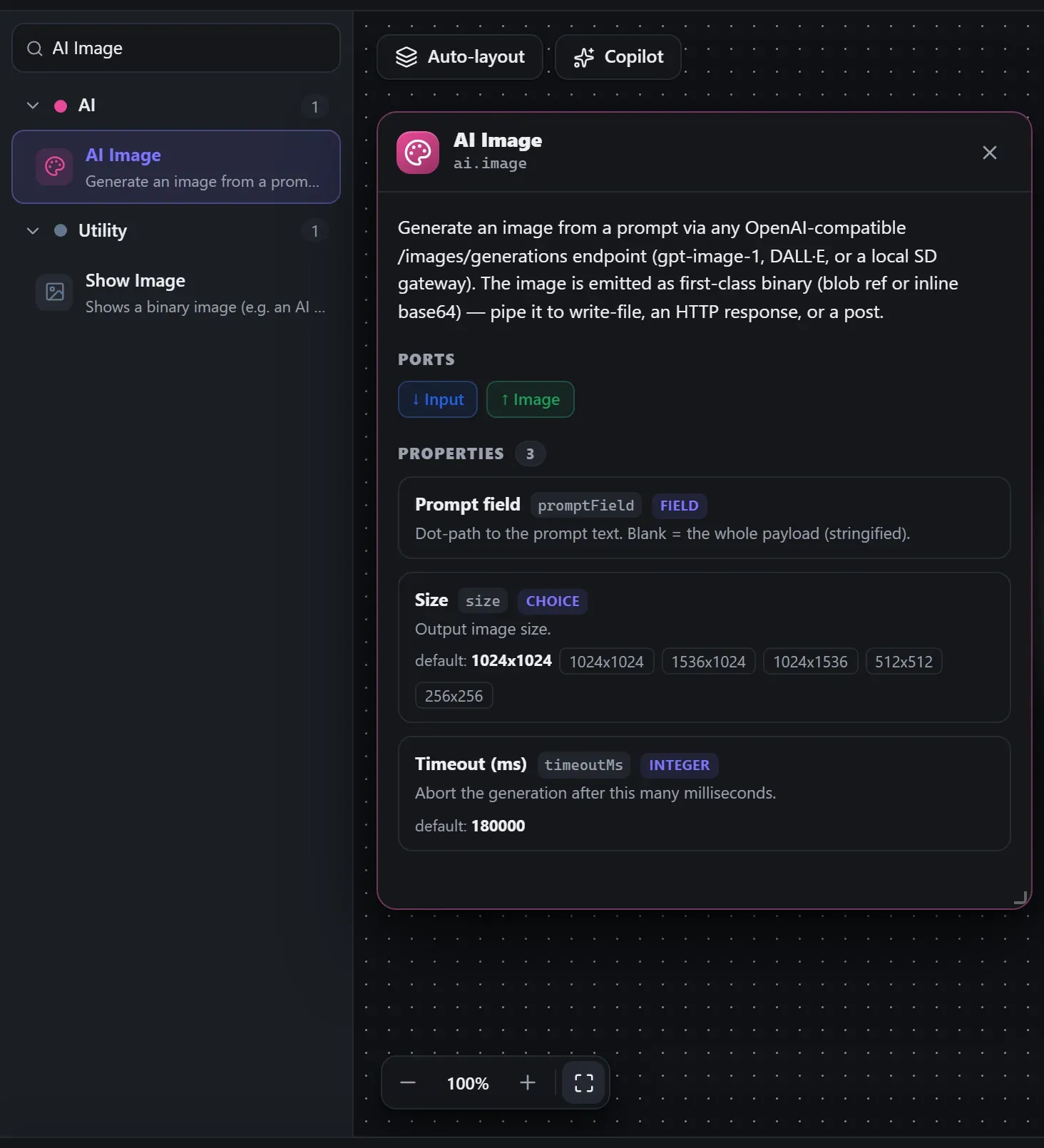 AI Image in the node library, with the in-editor docs panel open
