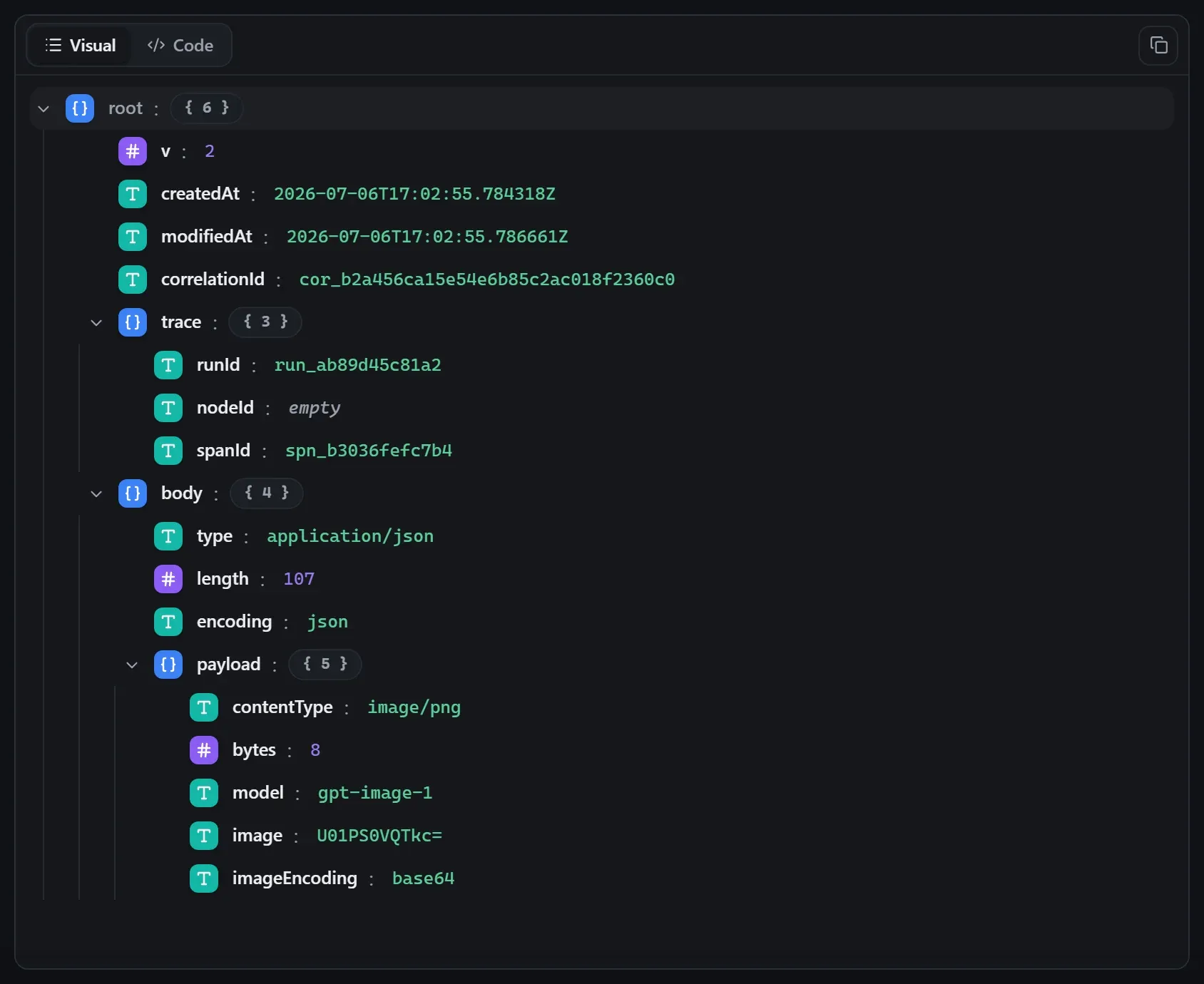 The AI Image node's output envelope in the run data viewer