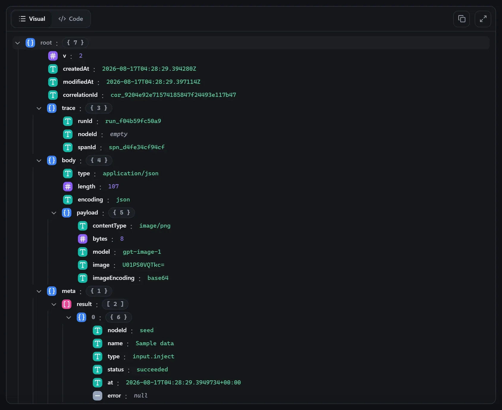 The AI Image node's output envelope in the run data viewer