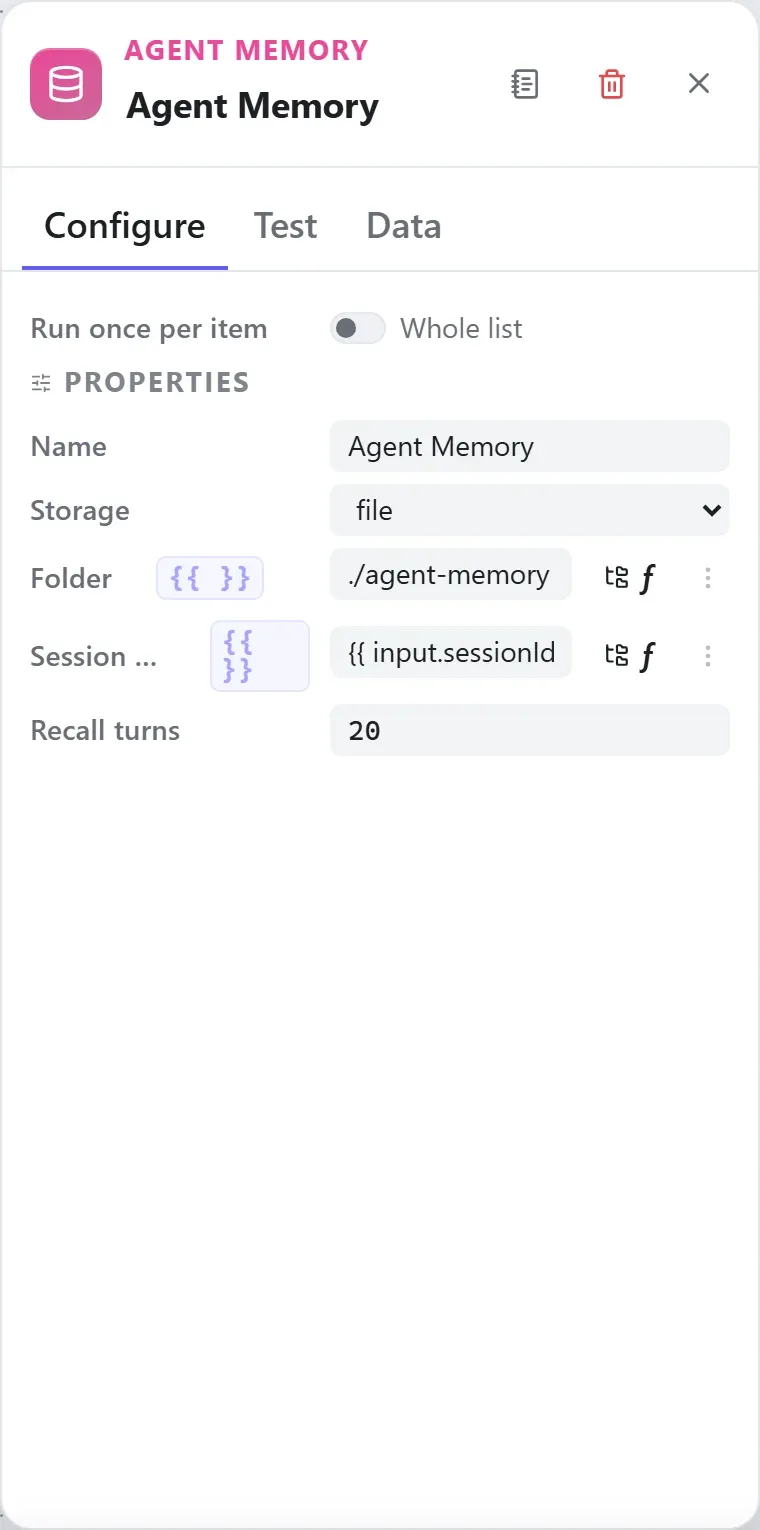 The Agent Memory node's settings in the Studio builder