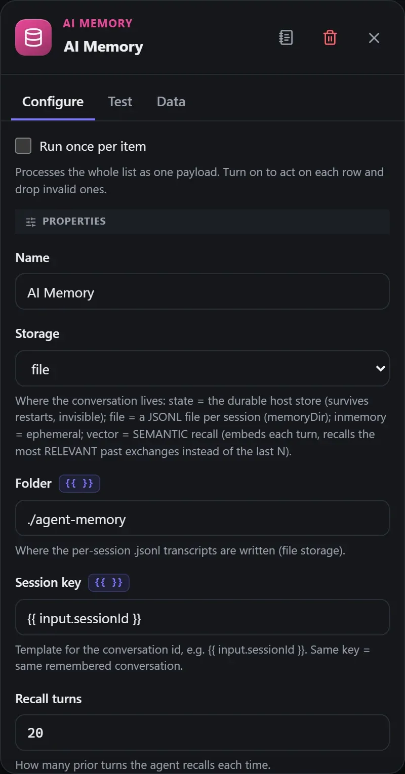 The Agent Memory node's Configure panel in the Studio builder