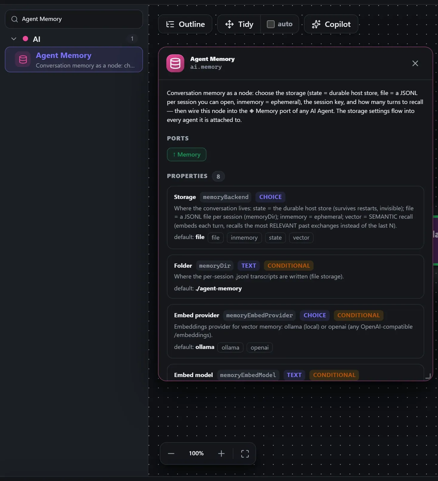 Agent Memory in the node library, with the in-editor docs panel open