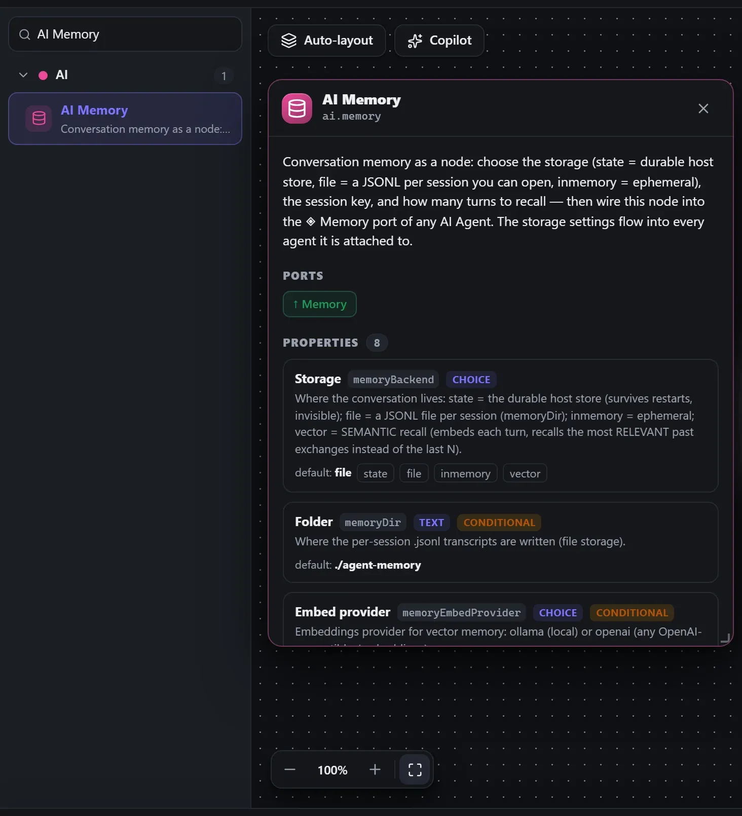 Agent Memory in the node library, with the in-editor docs panel open