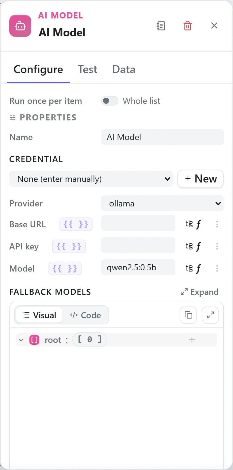 The AI Model node's settings in the Studio builder