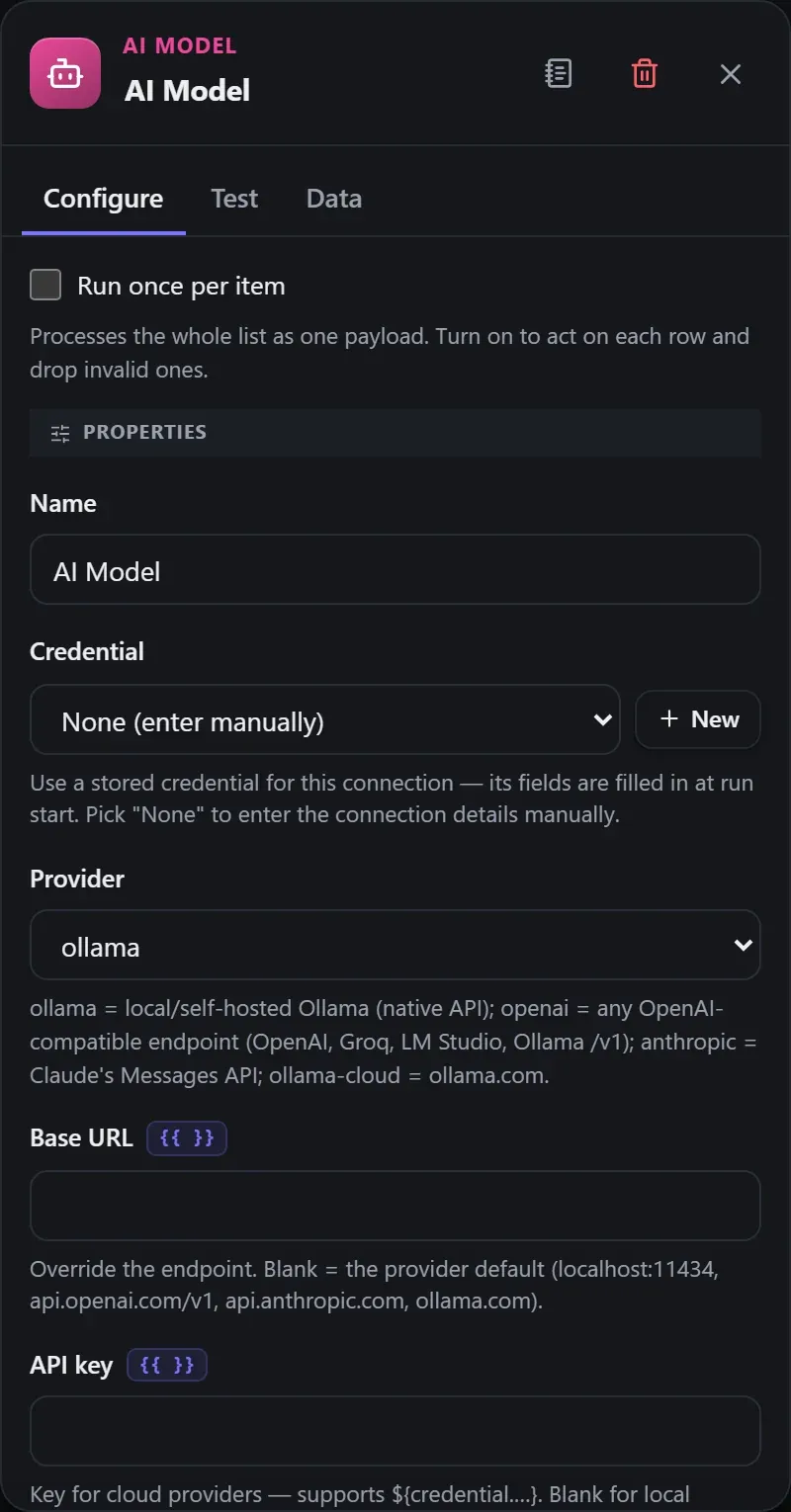 The AI Model node's Configure panel in the Studio builder