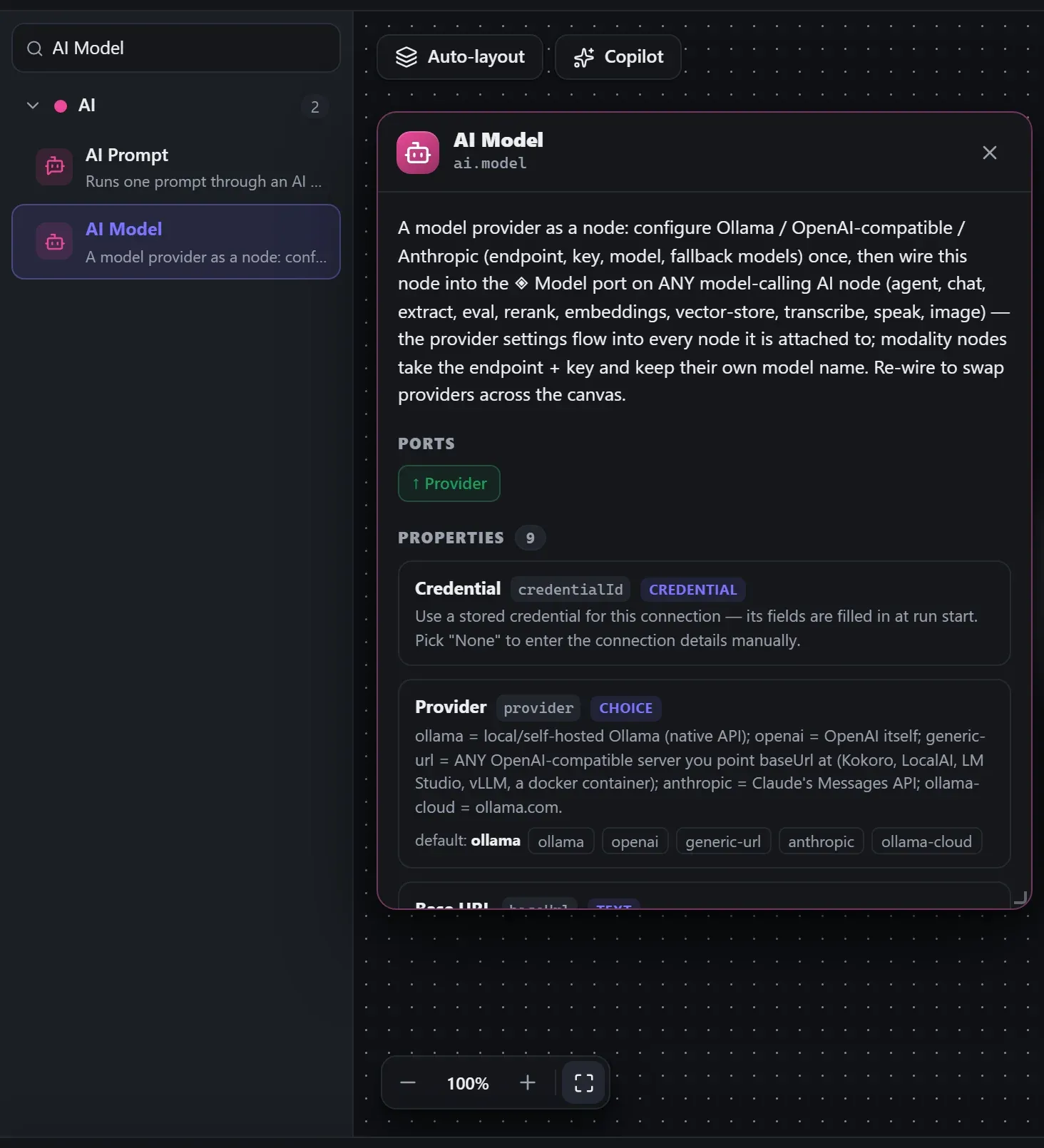 AI Model in the node library, with the in-editor docs panel open